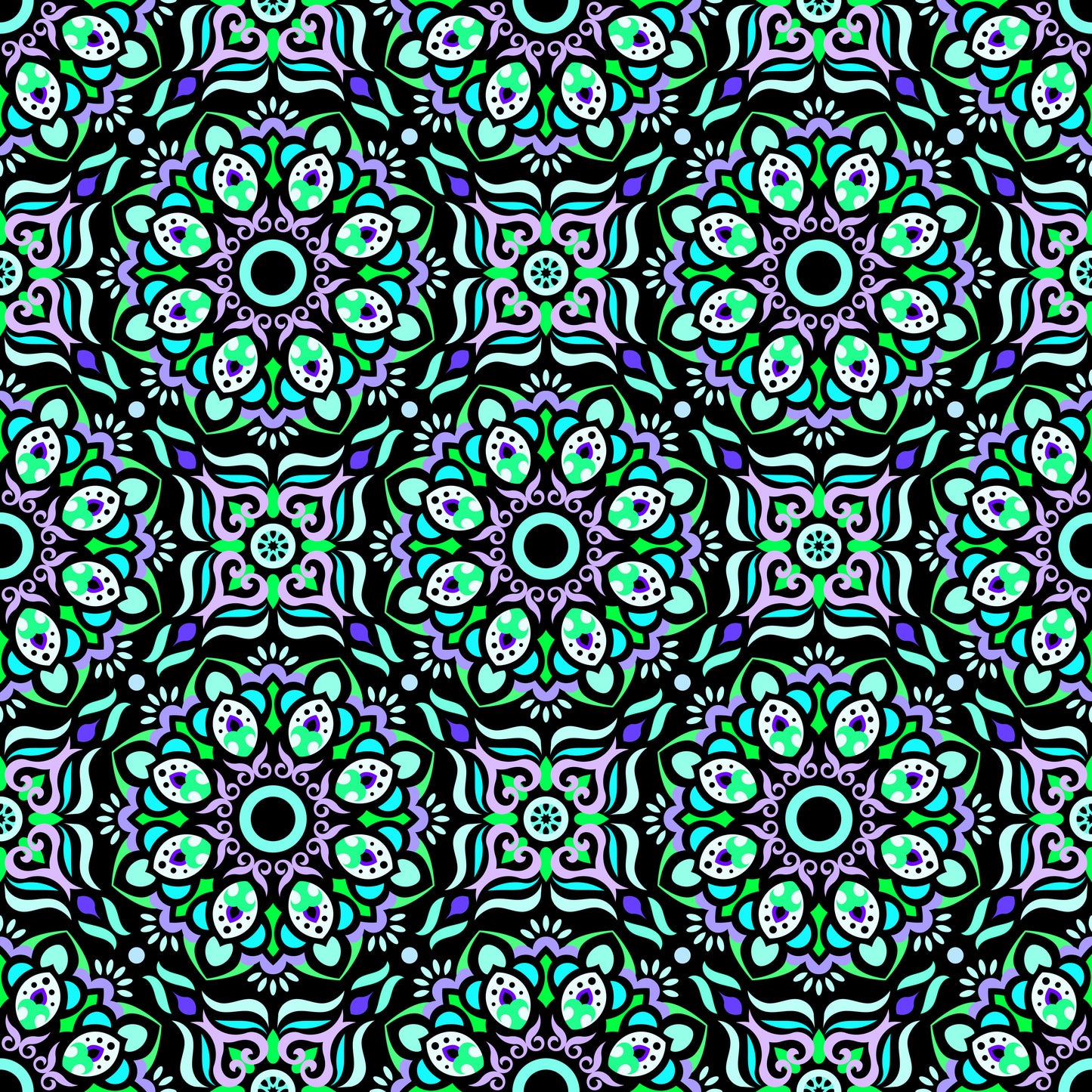Turquoise - Purple - Green Mandala Fabric - 186