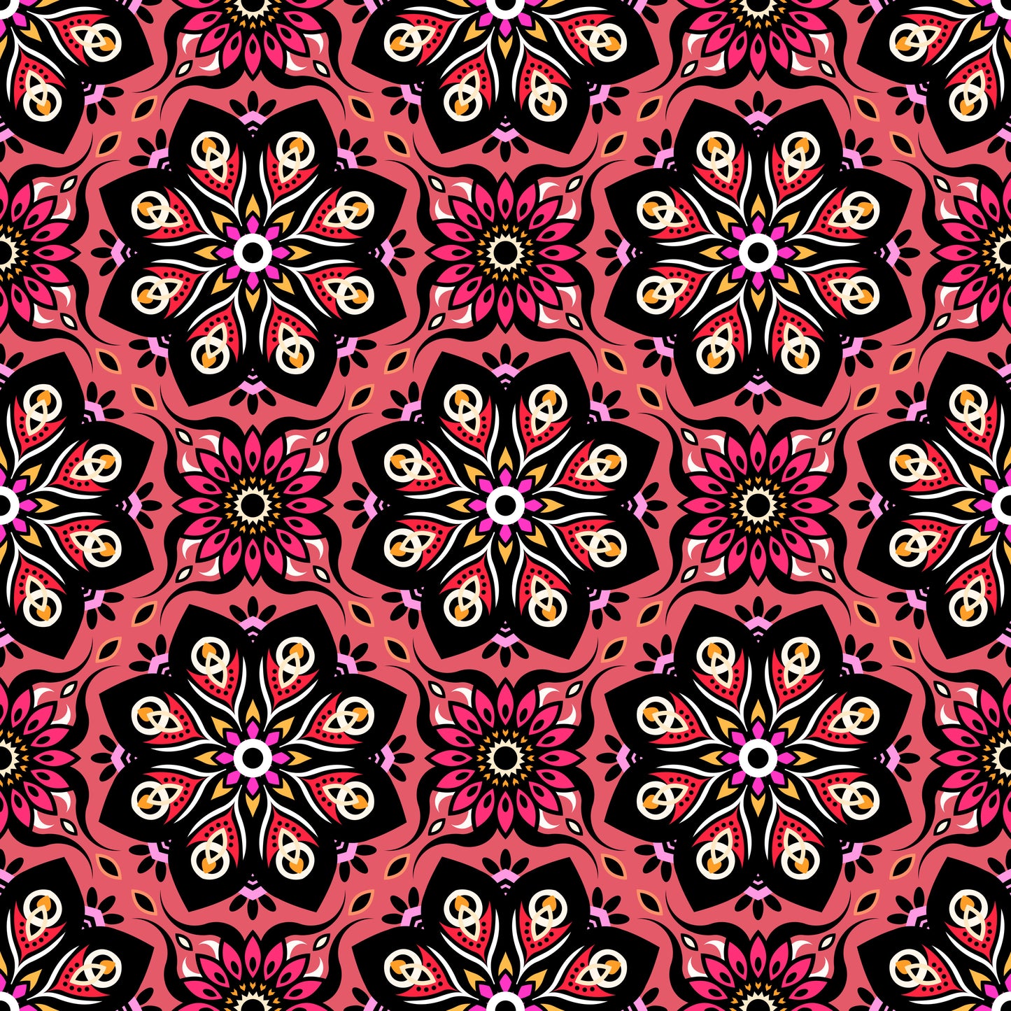 Coral - Pink - Yellow Mandala Fabric - 236
