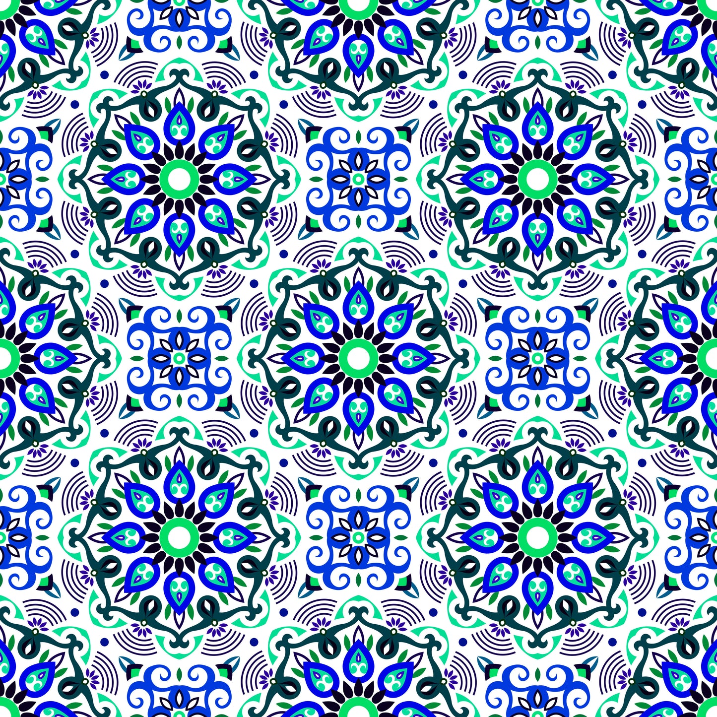Turquoise - Blue - Green Mandala Fabric - 140i