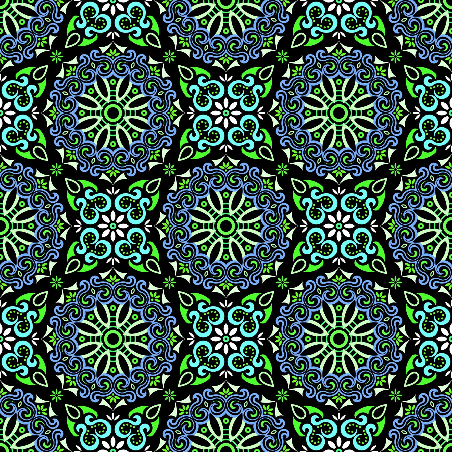 Blue - Green - Turquoise Mandala Fabric - 166