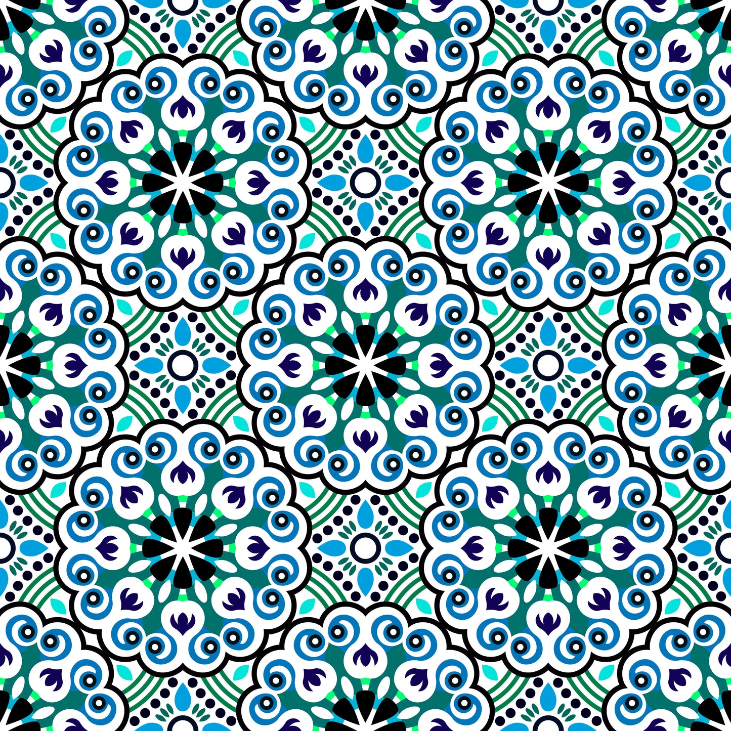Turquoise - Blue - Green Mandala Fabric - 132i
