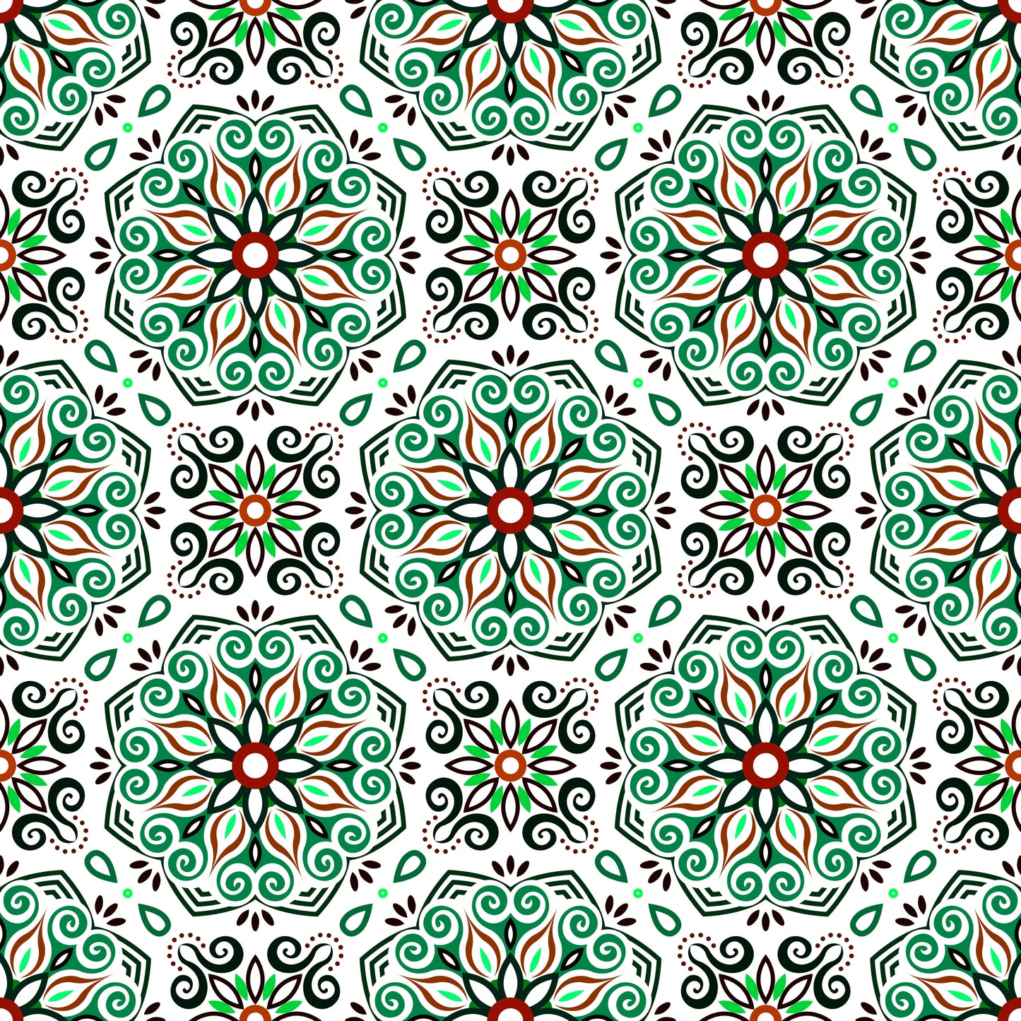 Green - Red Mandala Fabric - 203i