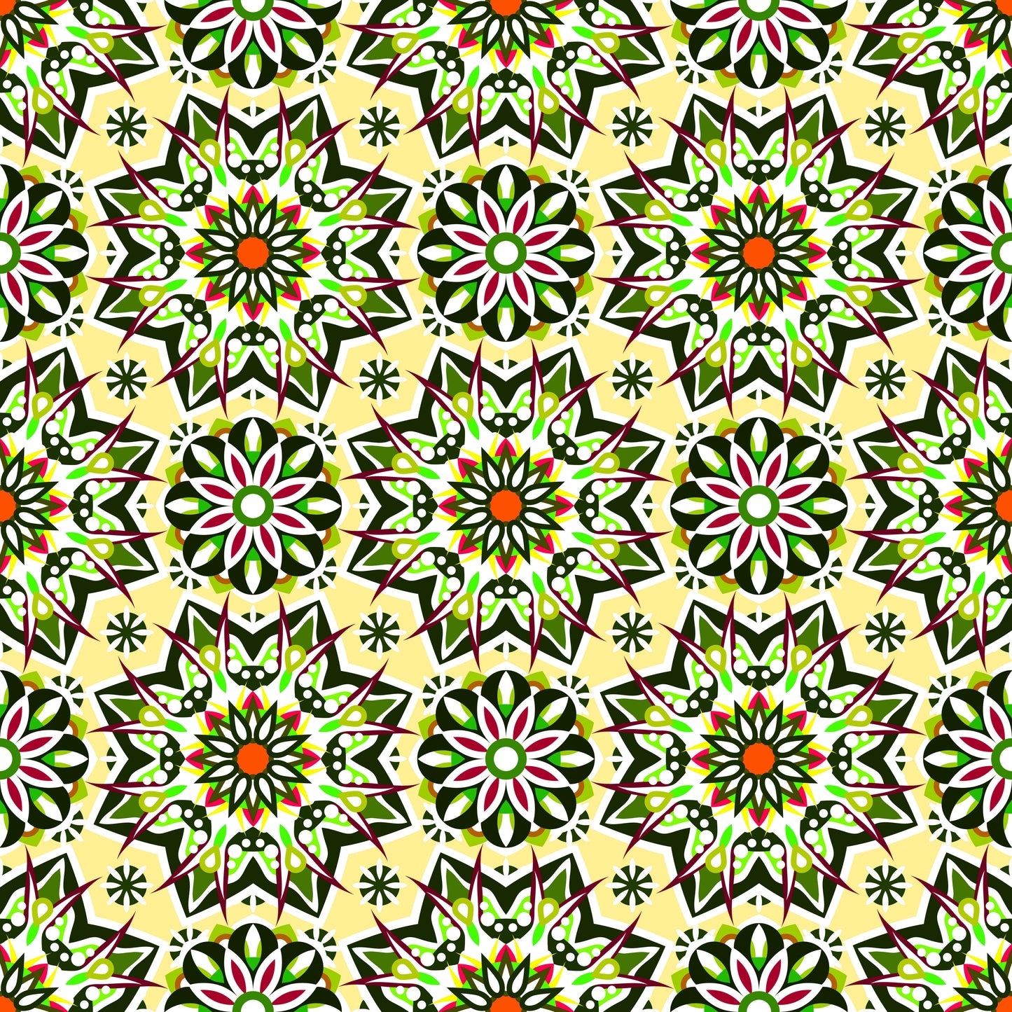 Yellow - Green - Red Mandala Fabric - 122i