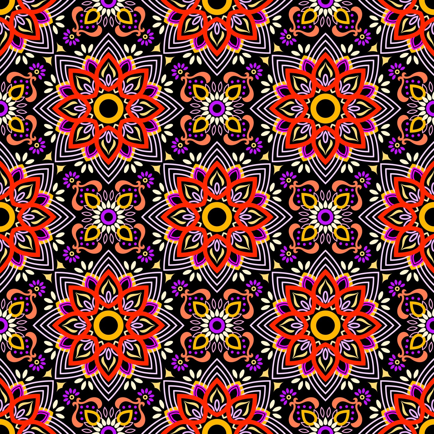 Red - Purple - Yellow Mandala Fabric - 145