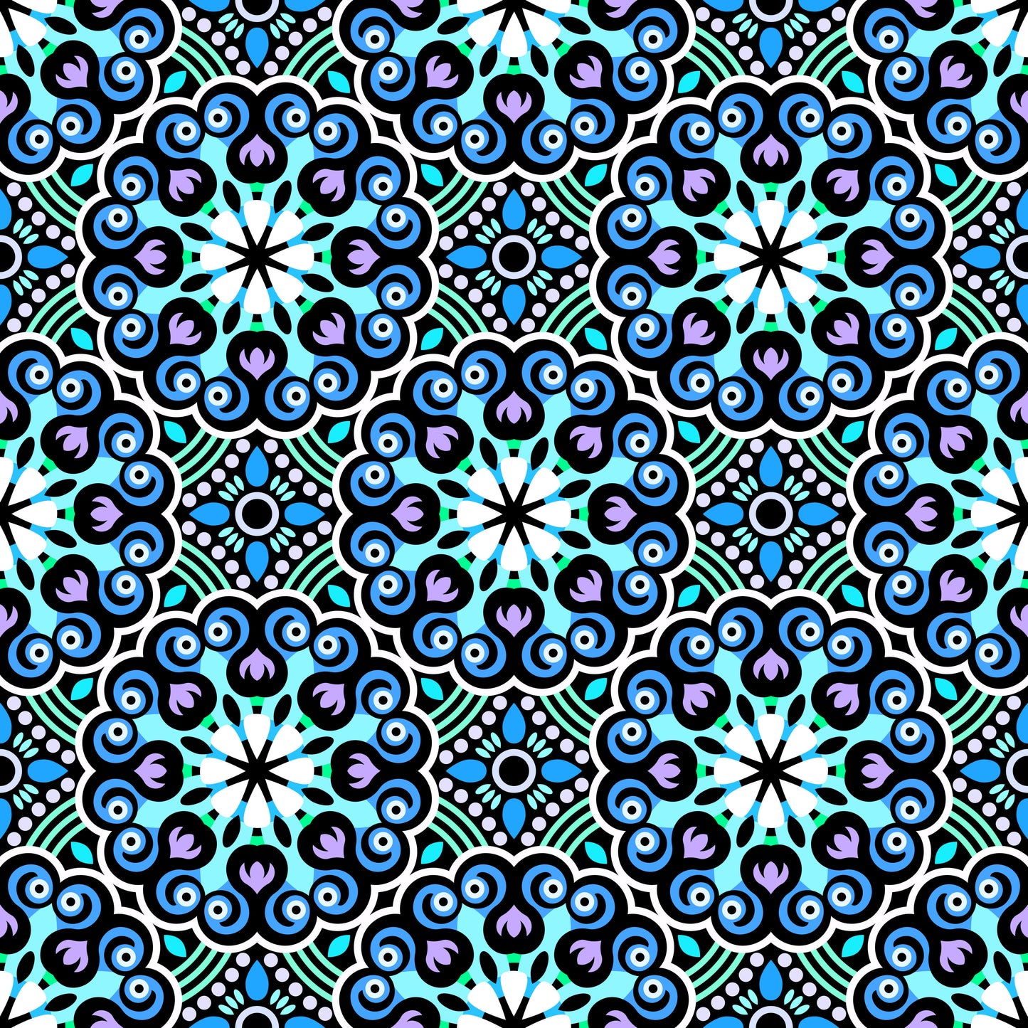 Turquoise - Blue - Purple Mandala Fabric - 132