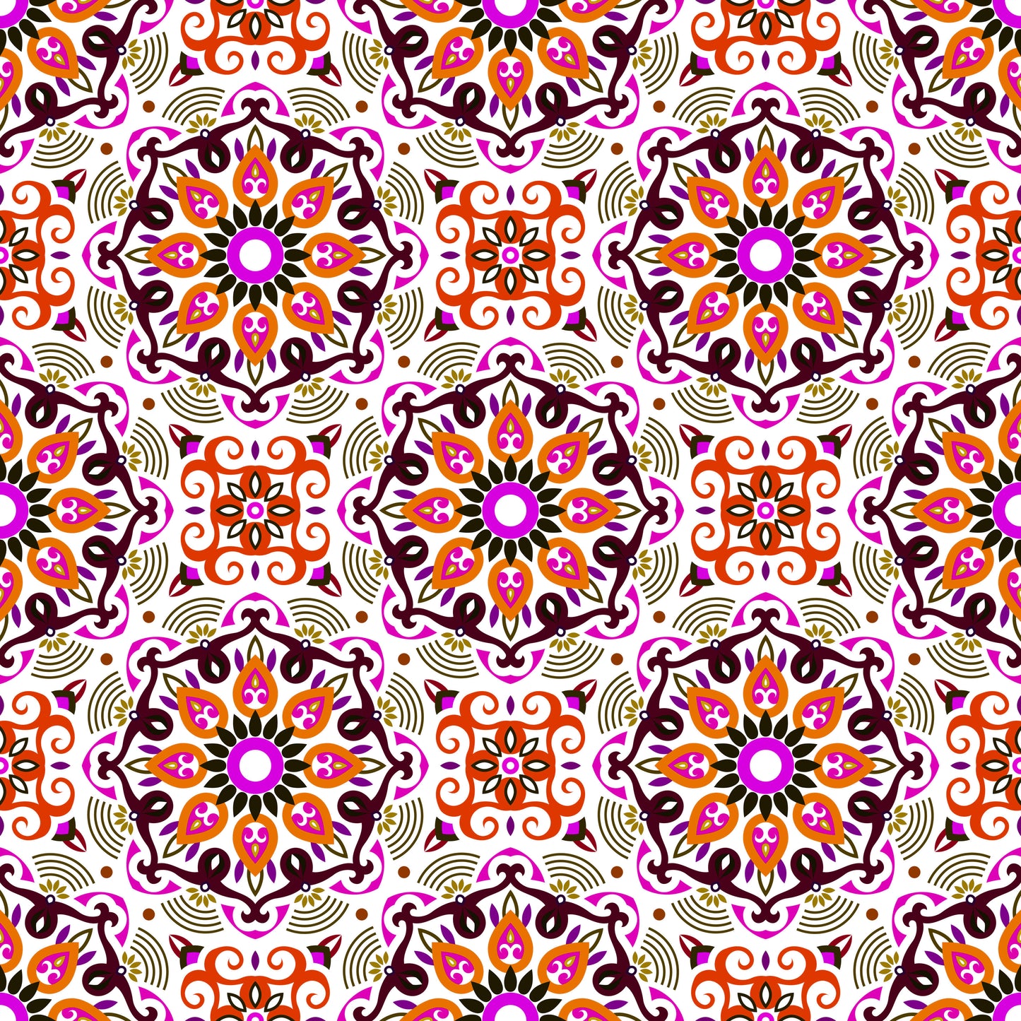 Orange - Pink - Brown Mandala Fabric - 140i