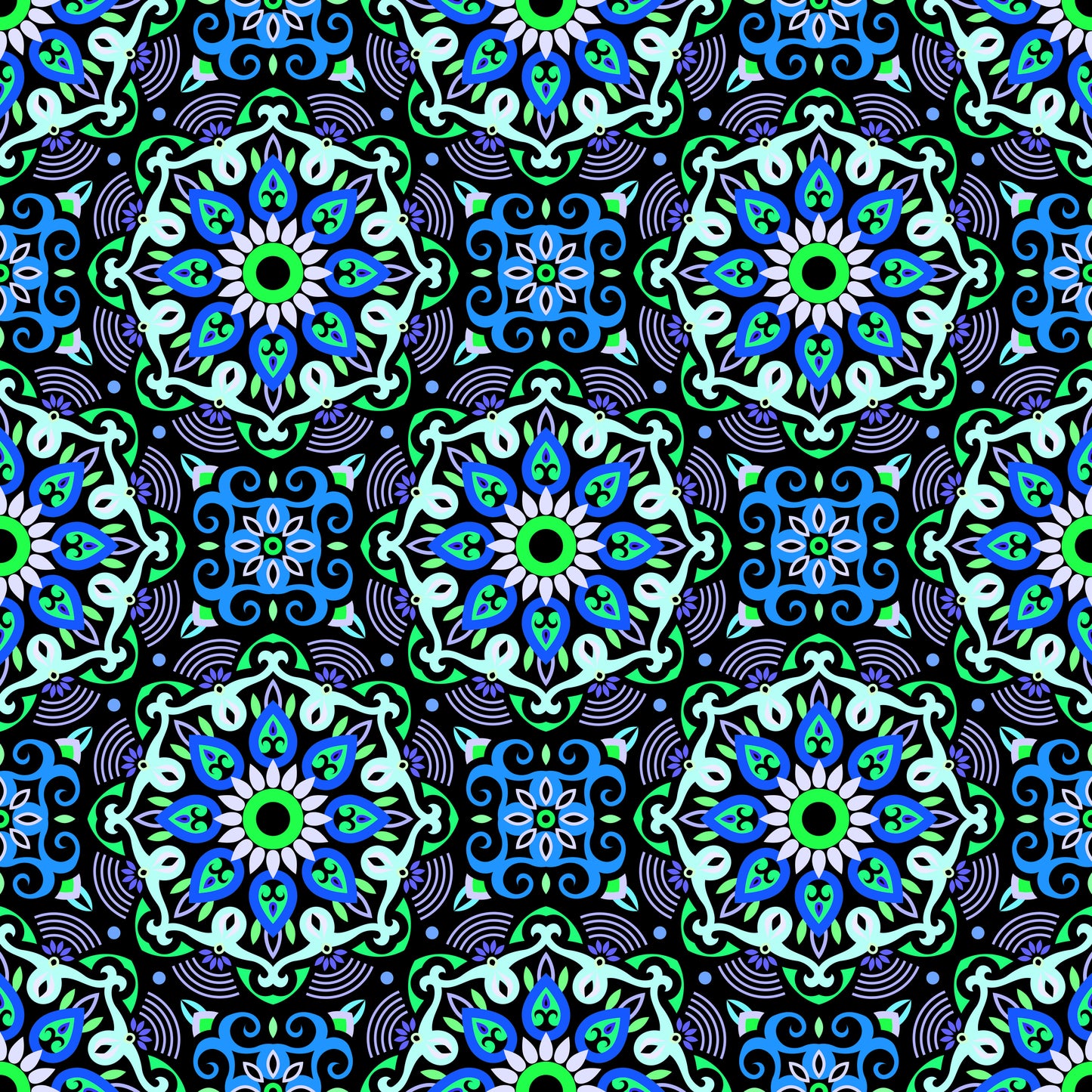 Turquoise - Blue - Green Mandala Fabric - 140