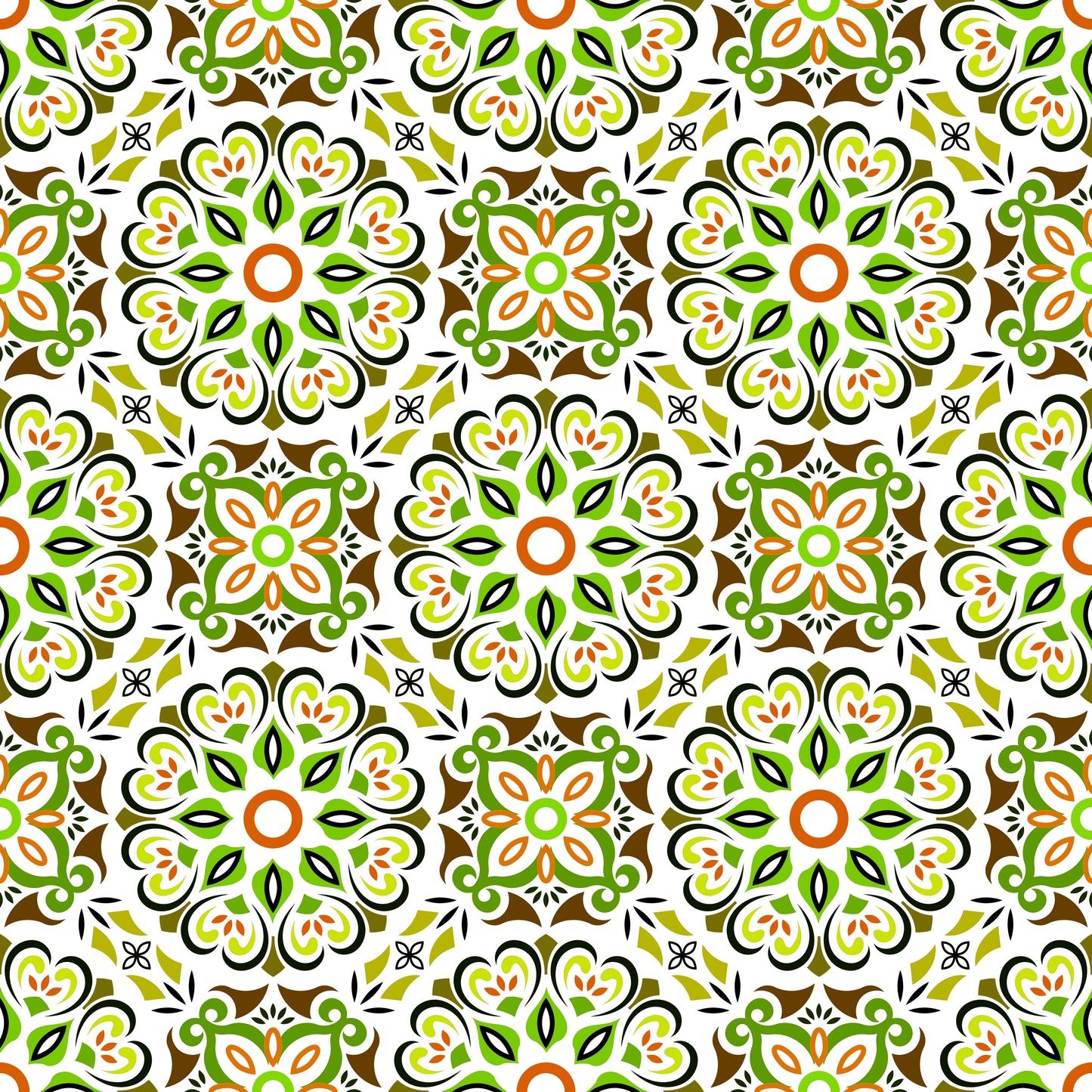 Green - Orange - Brown Mandala Fabric - 206i