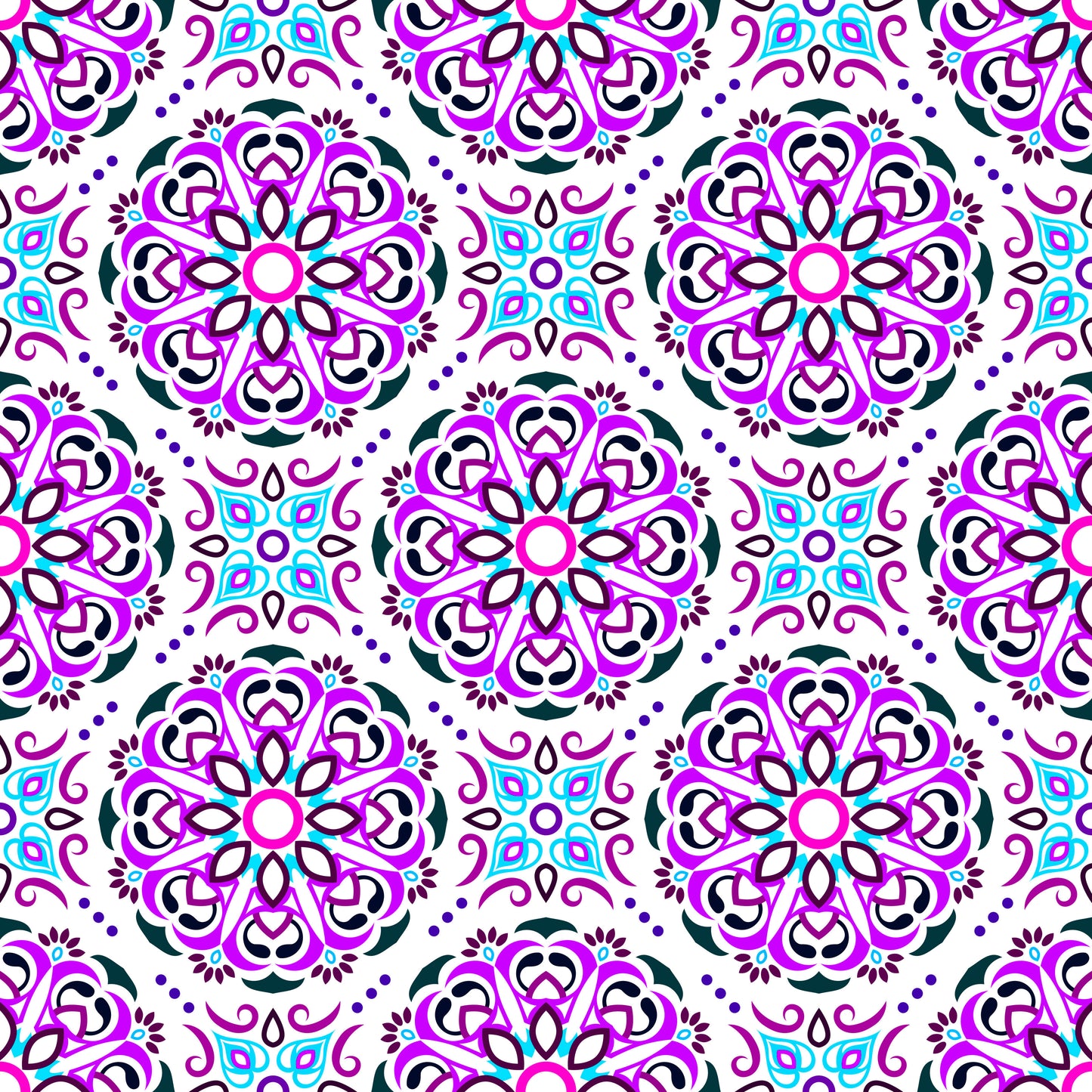 Purple - Turquoise - Pink Mandala Fabric - 160i