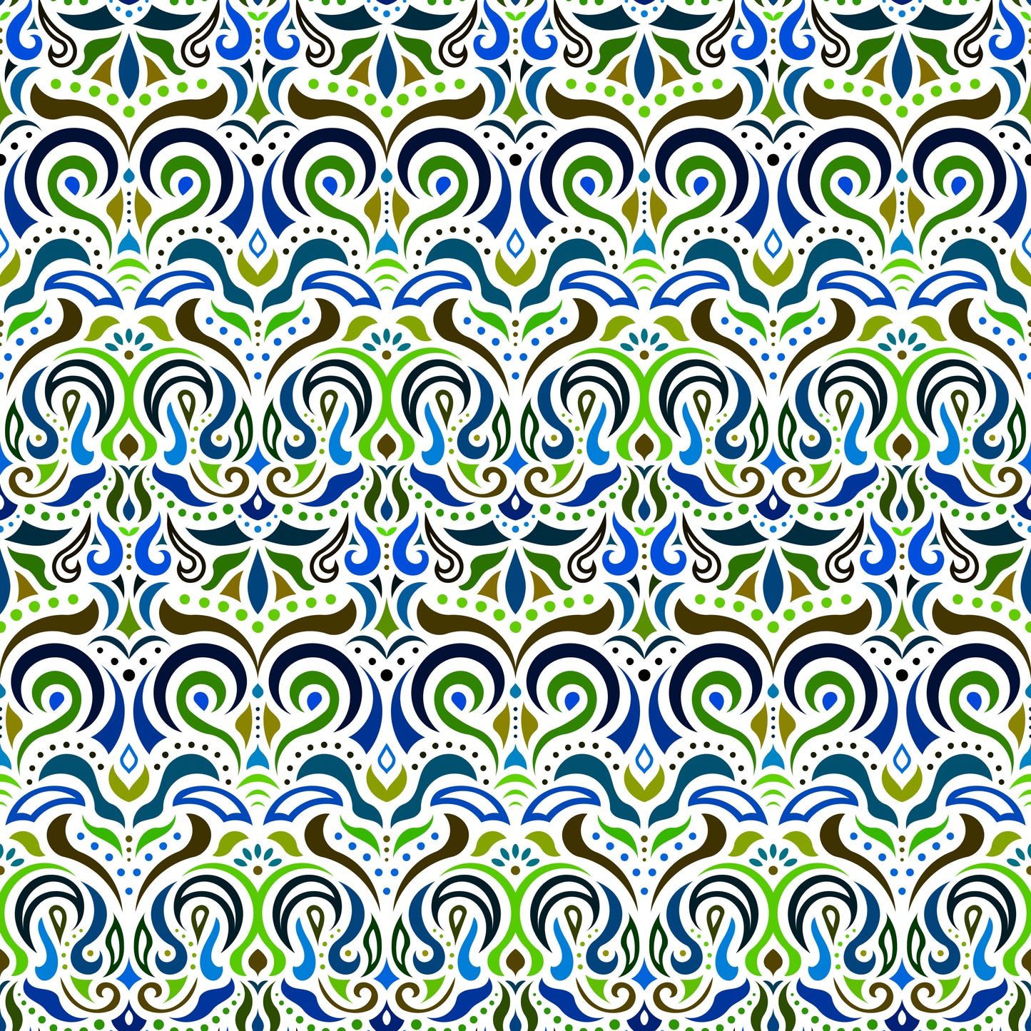 Green - Blue - Brown Abstract Doodle Fabric 1007i