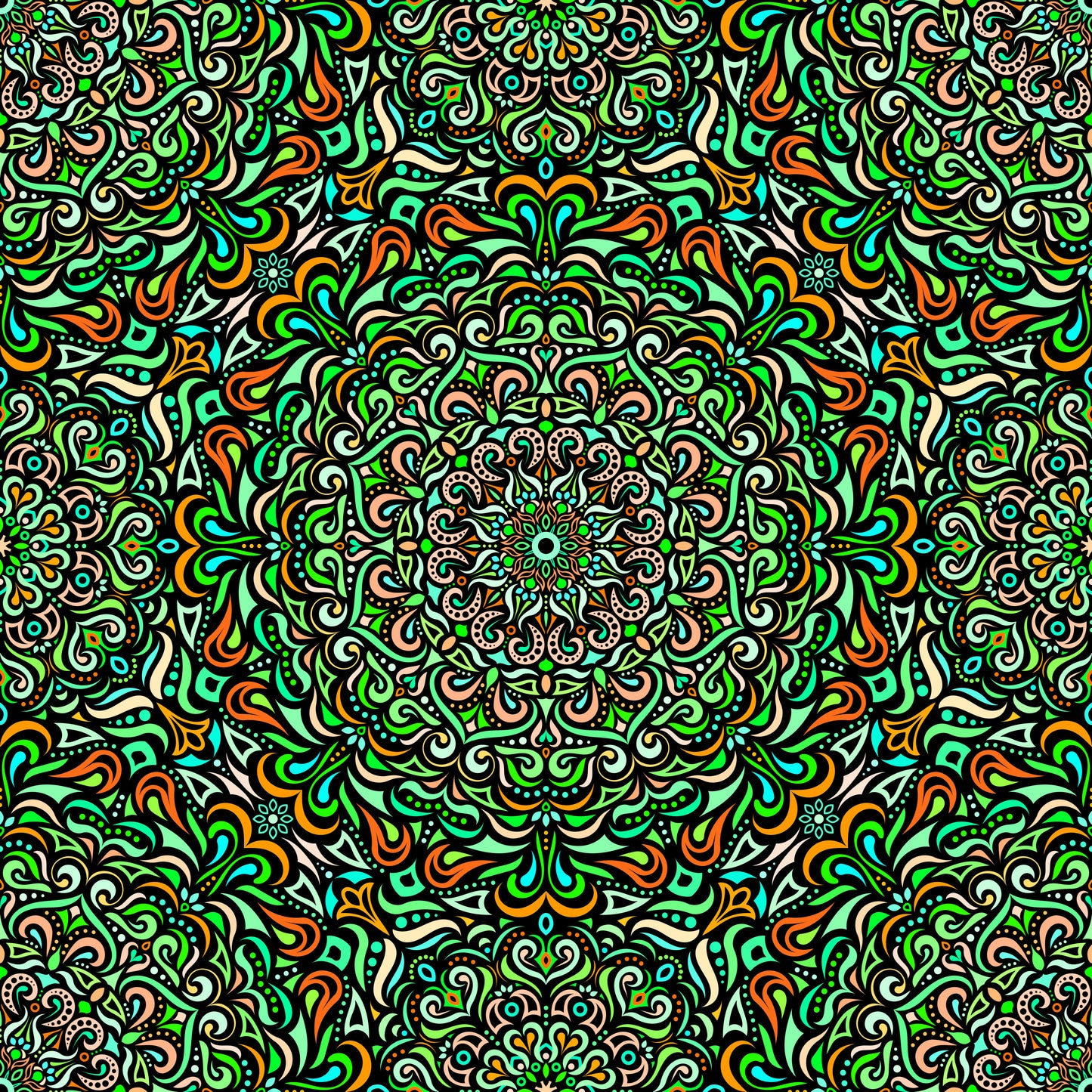 Green - Orange - Turquoise Mandala Fabric 2005