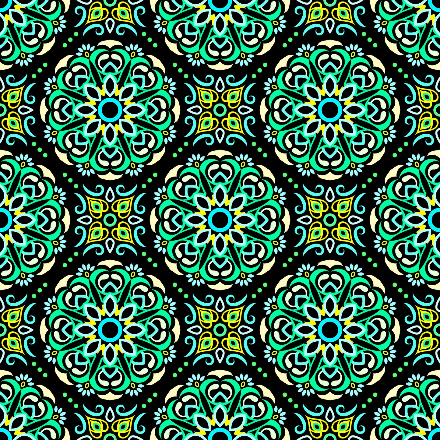 Green - Yellow - Turquoise Mandala Fabric - 160