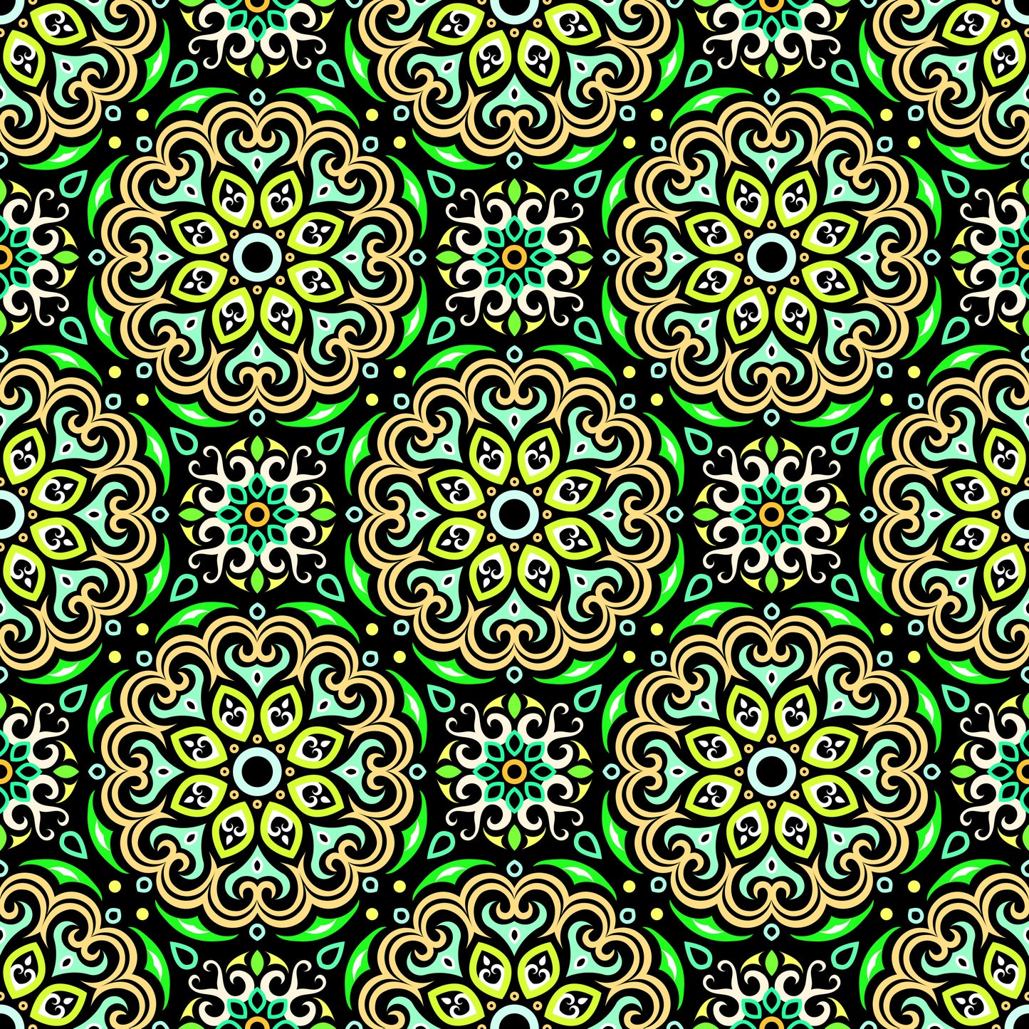 Green - Yellow - Turquoise Mandala Fabric - 155