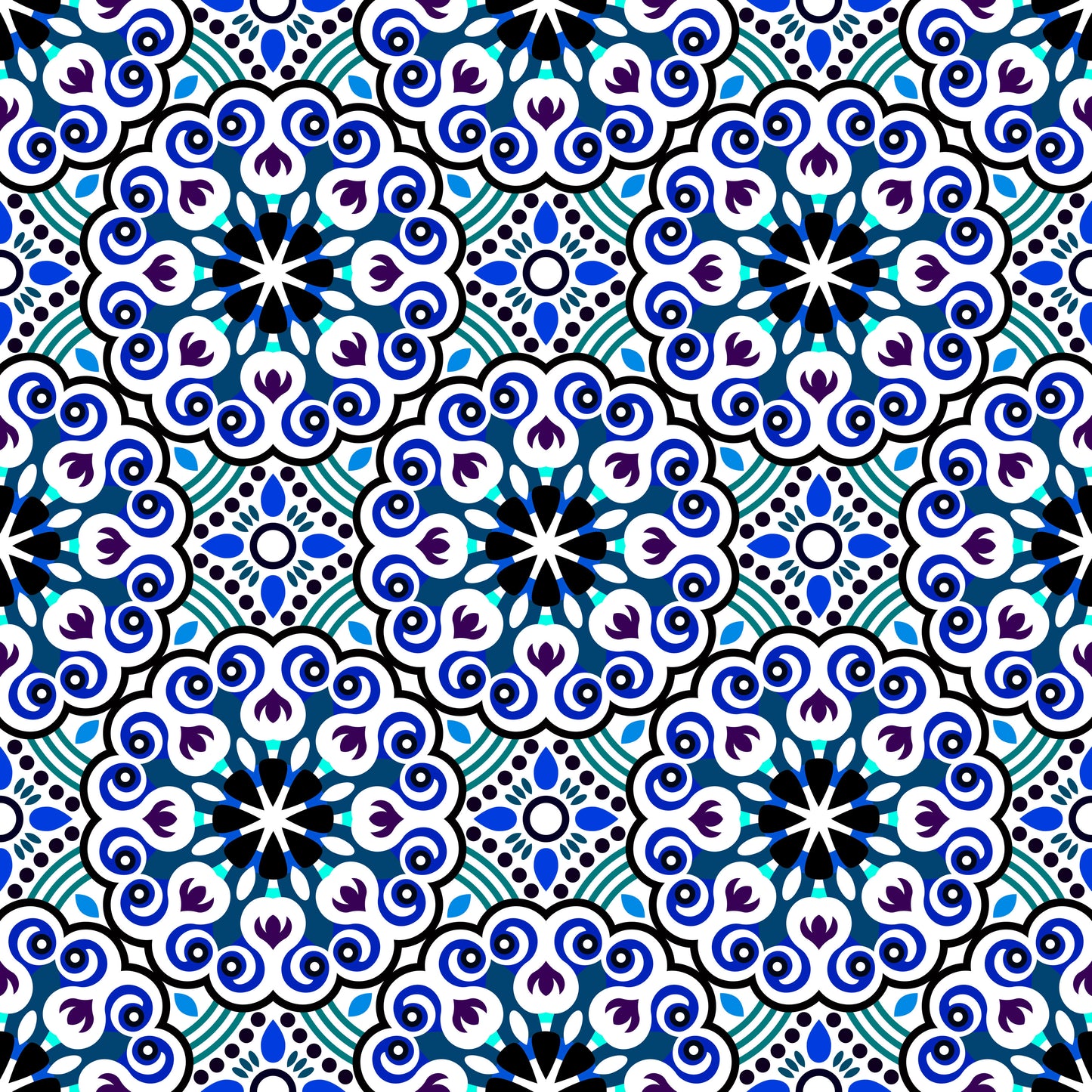 Blue - Purple - Turquoise Mandala Fabric - 132i