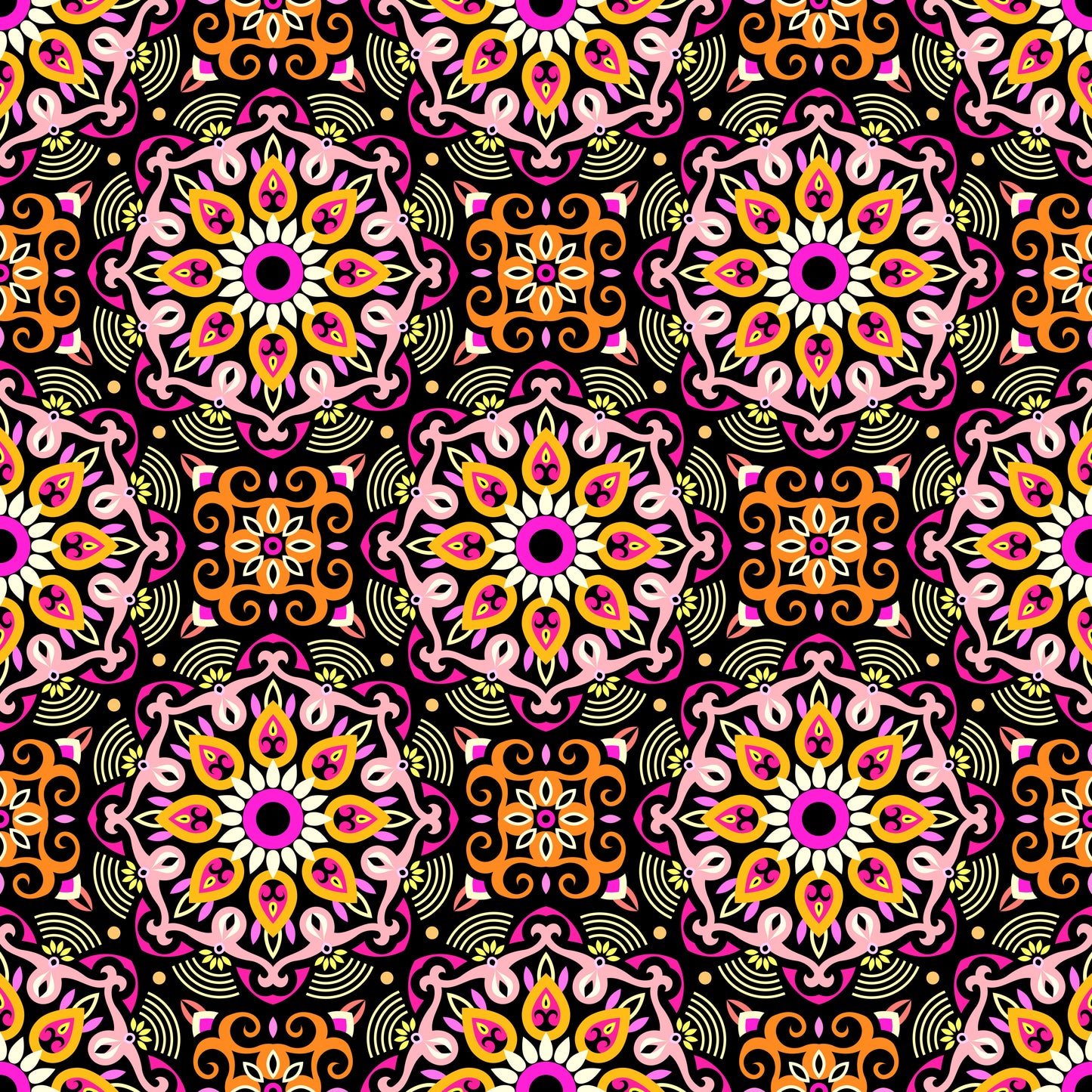 Orange - Pink - Yellow Mandala Fabric - 140