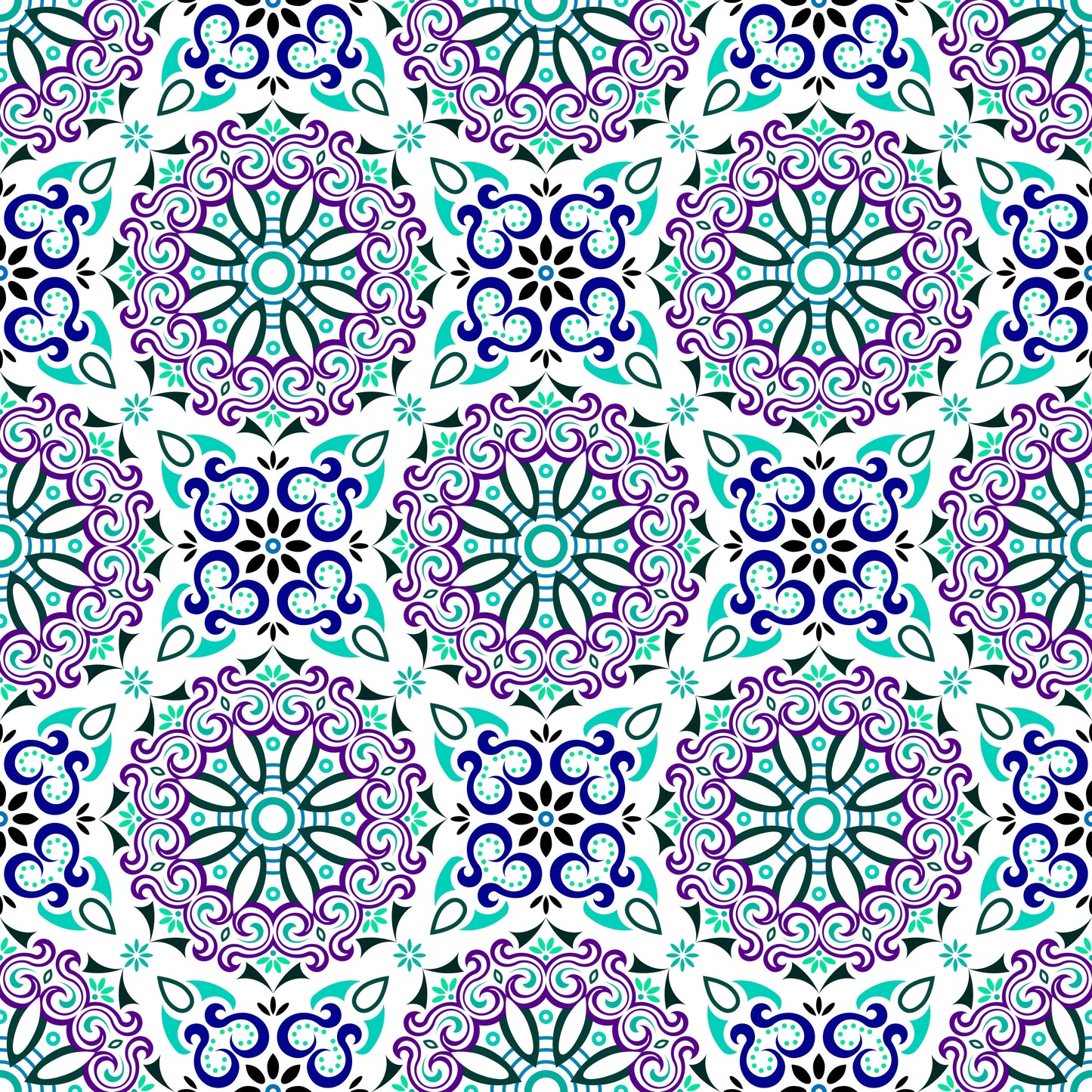 Turquoise - Purple - Blue Mandala Fabric - 166i