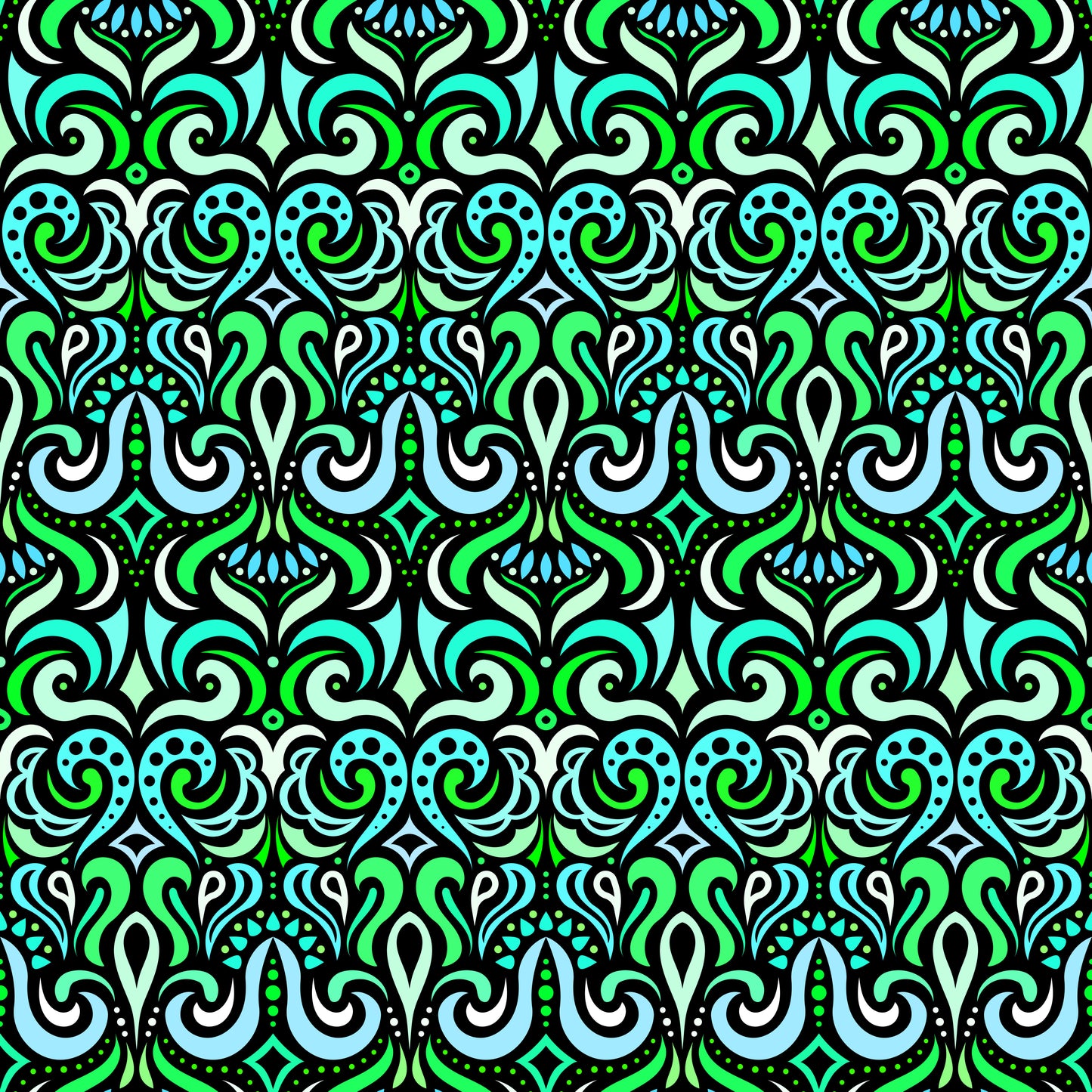 Turquoise - Green Abstract Doodle Fabric 1001