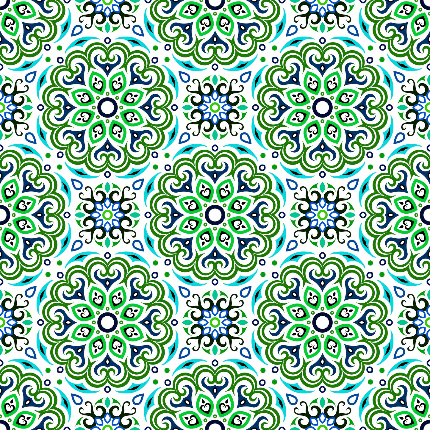 Green - Turquoise - Blue Mandala Fabric - 155i