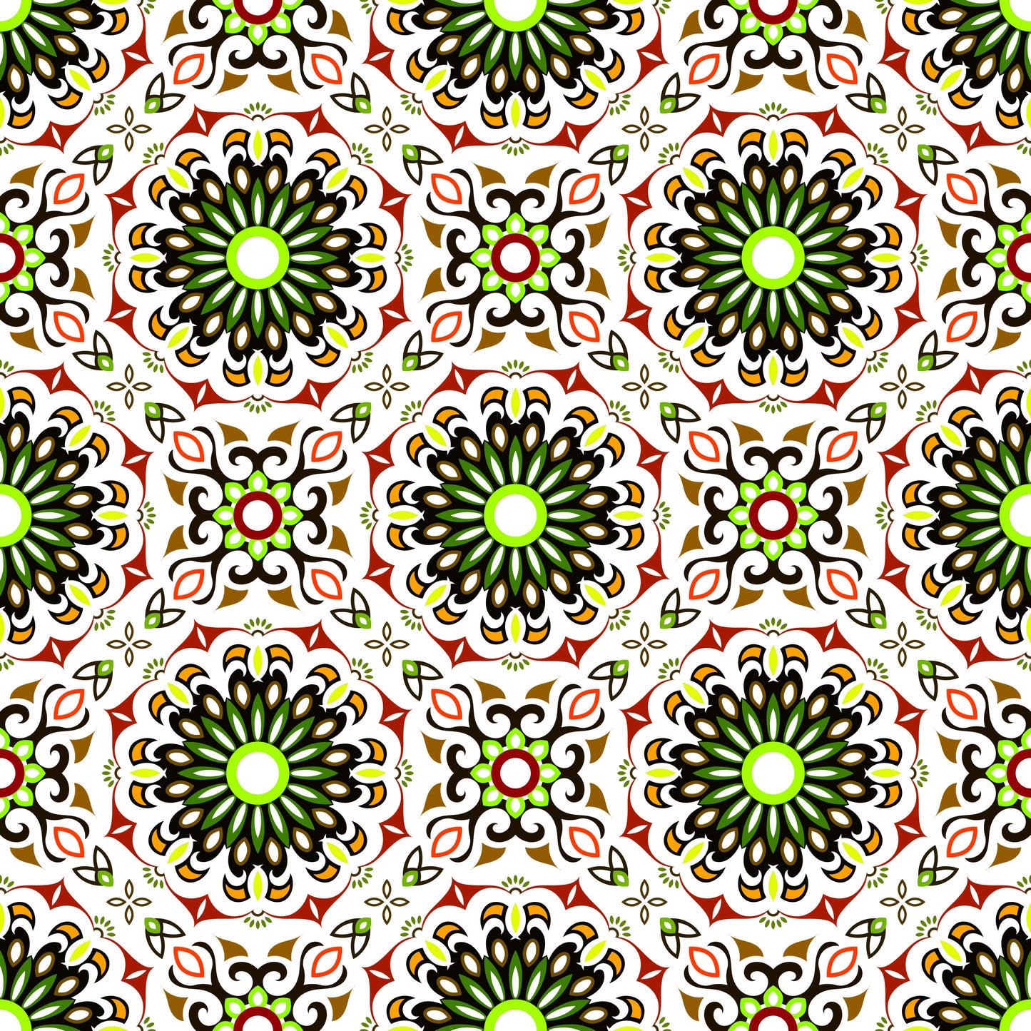 Green - Red - Brown Mandala Fabric - 198i