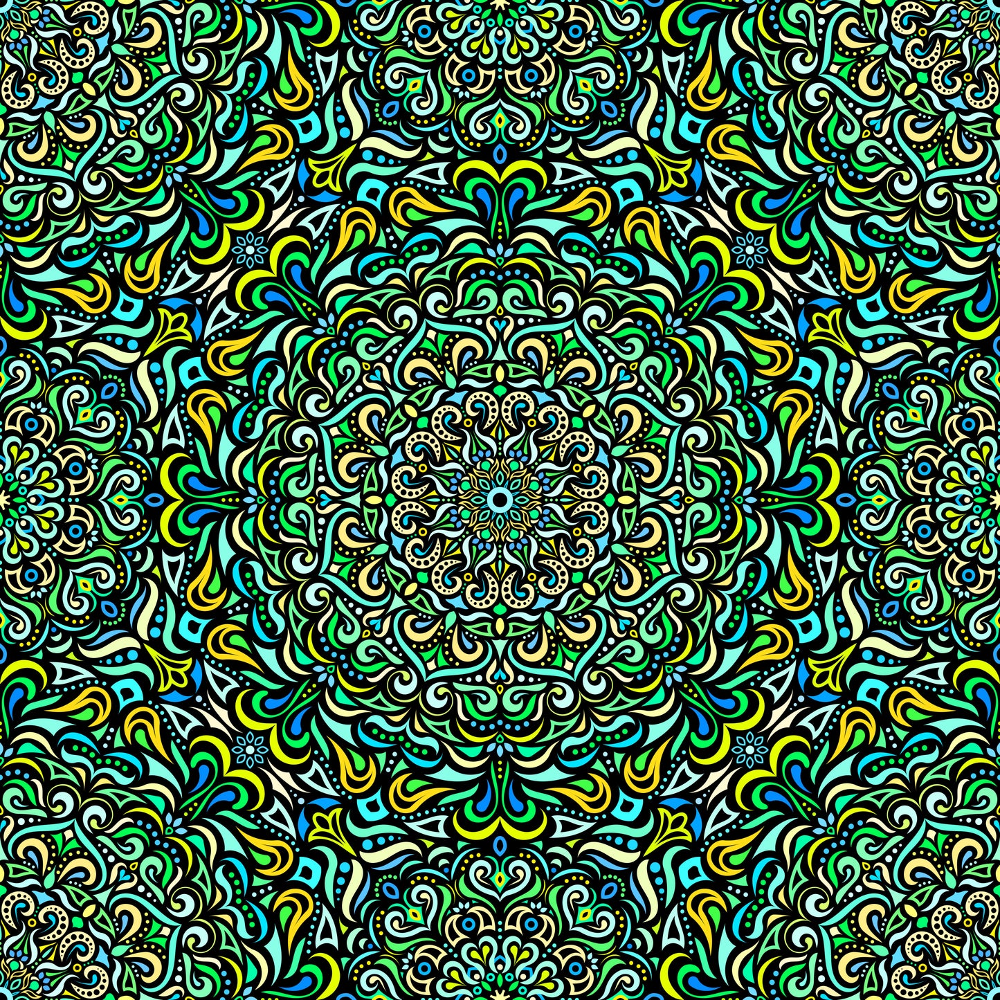 Turquoise - Green - Blue - Yellow Mandala Fabric 2005