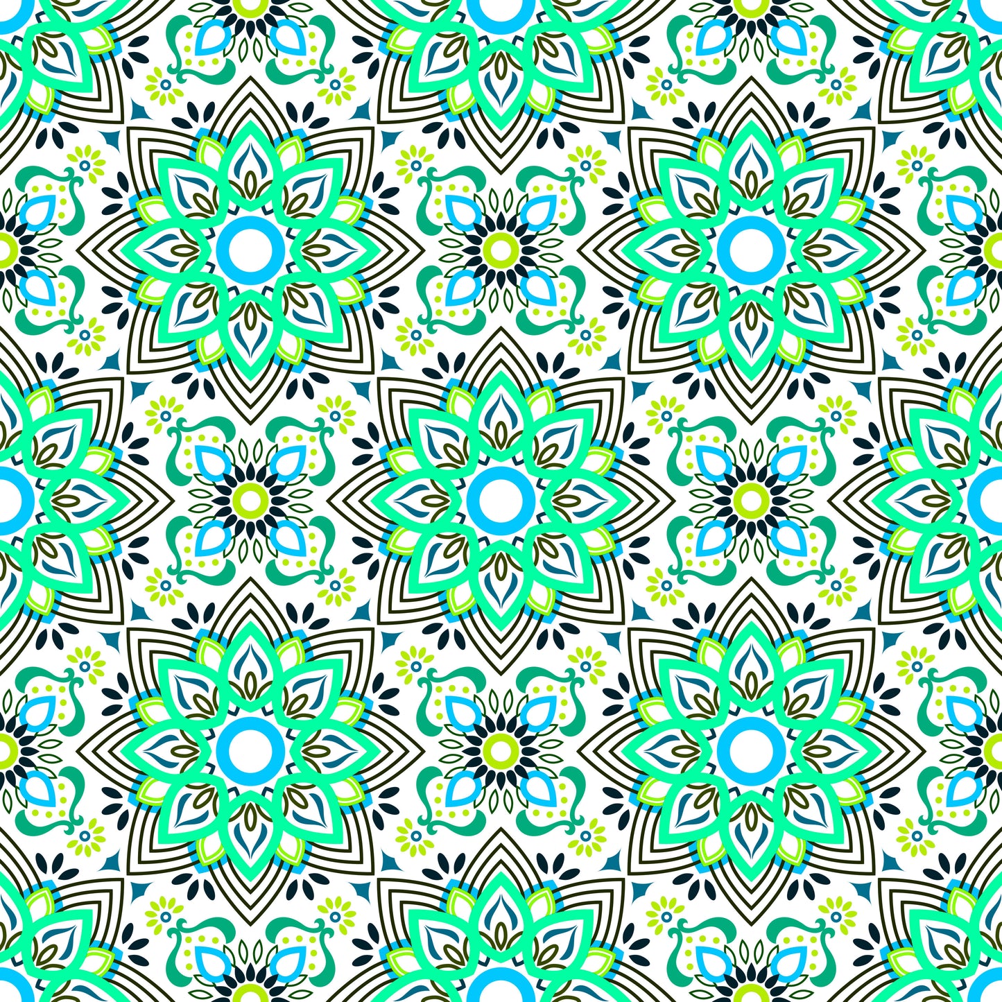 Turquoise - Blue - Green Mandala Fabric - 145i