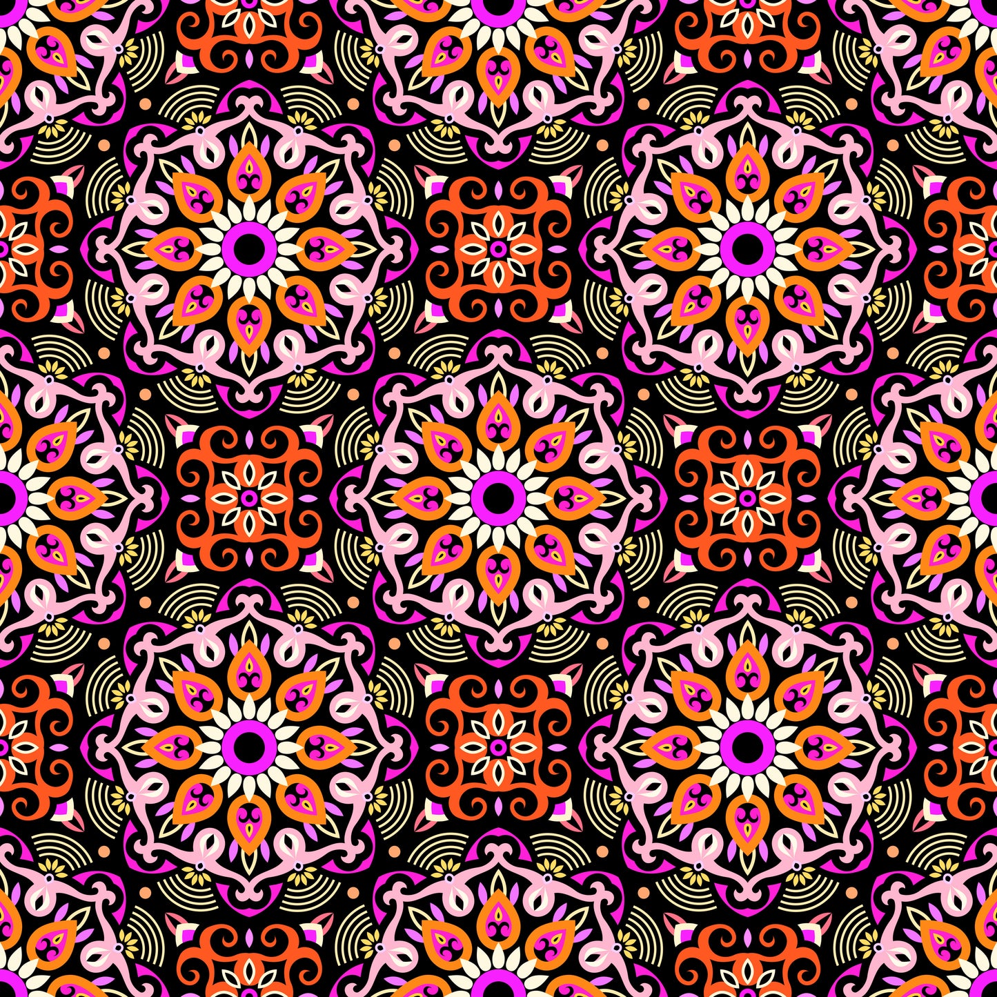 Orange - Pink - Yellow Mandala Fabric - 140