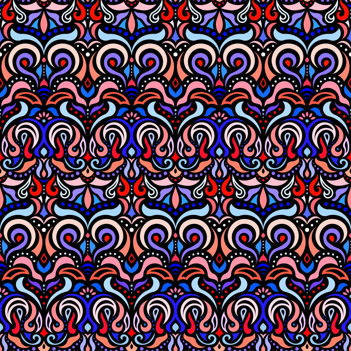 Blue - Red Abstract Doodle Fabric 1007