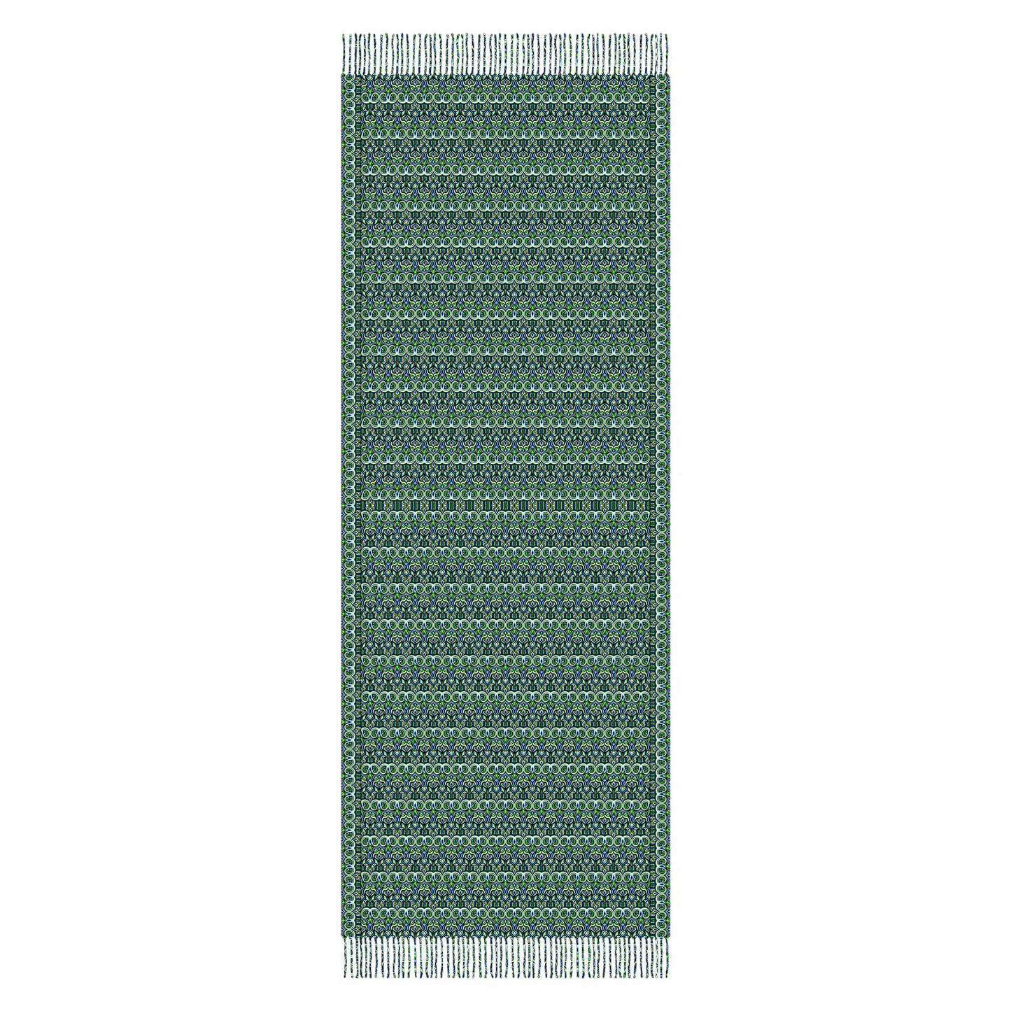 Green - Turquoise - Blue Abstract Doodle Scarf with Tassels