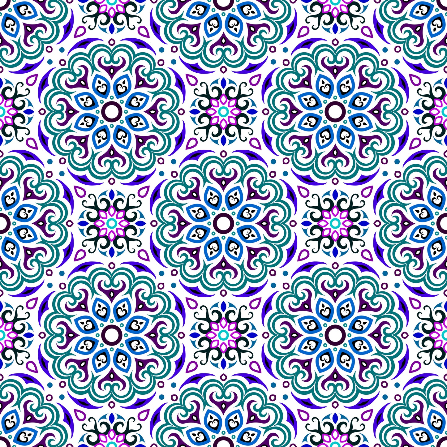 Turquoise - Purple - Blue Mandala Fabric - 155i