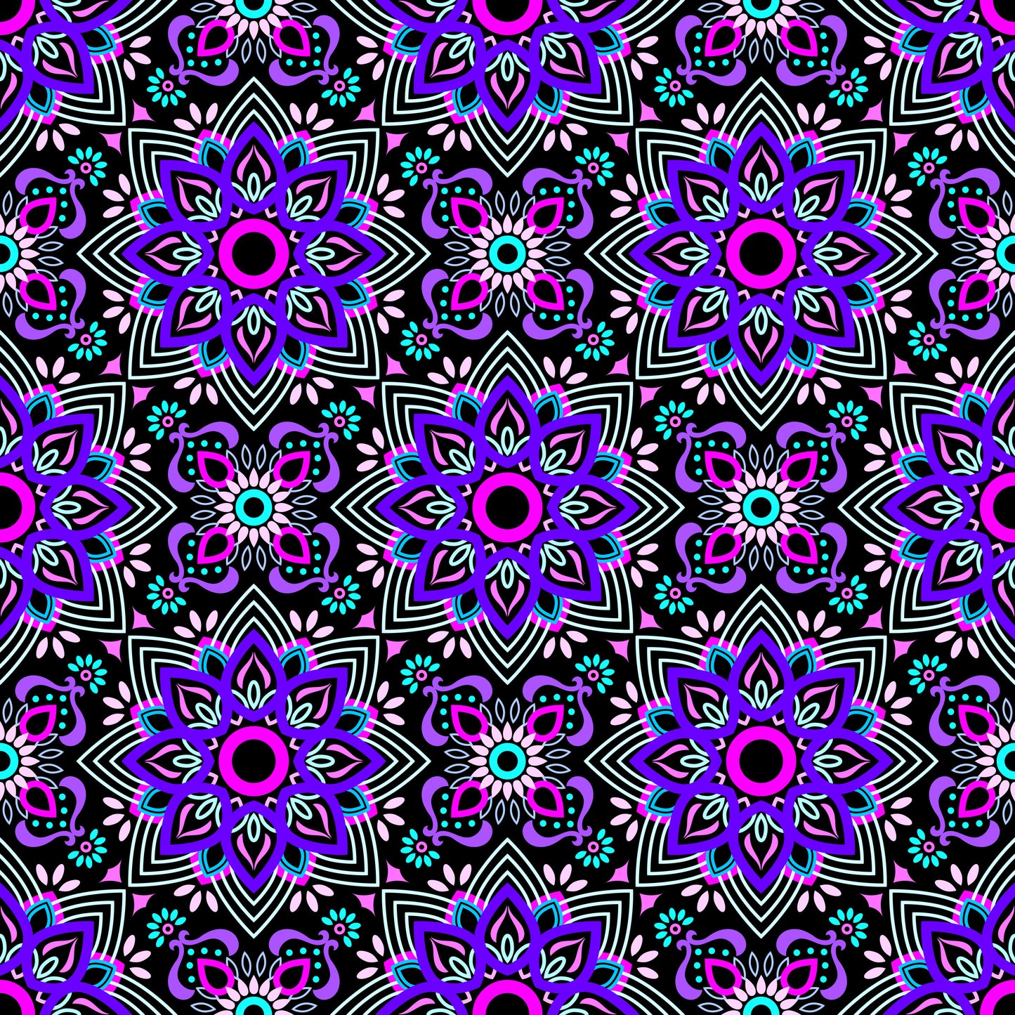 Purple - Turquoise - Pink Mandala Fabric - 145
