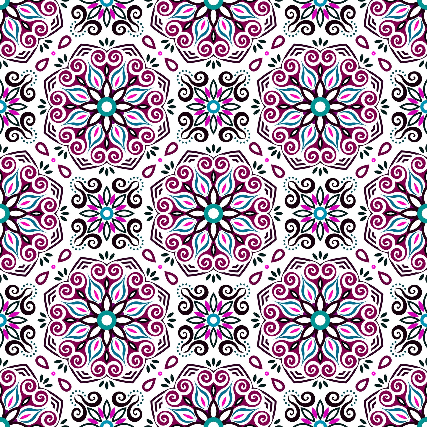 Maroon - Turquoise - Pink Mandala Fabric - 203i