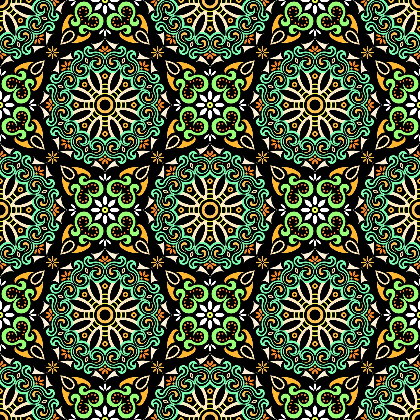 Turquoise - Orange - Green Mandala Fabric - 166