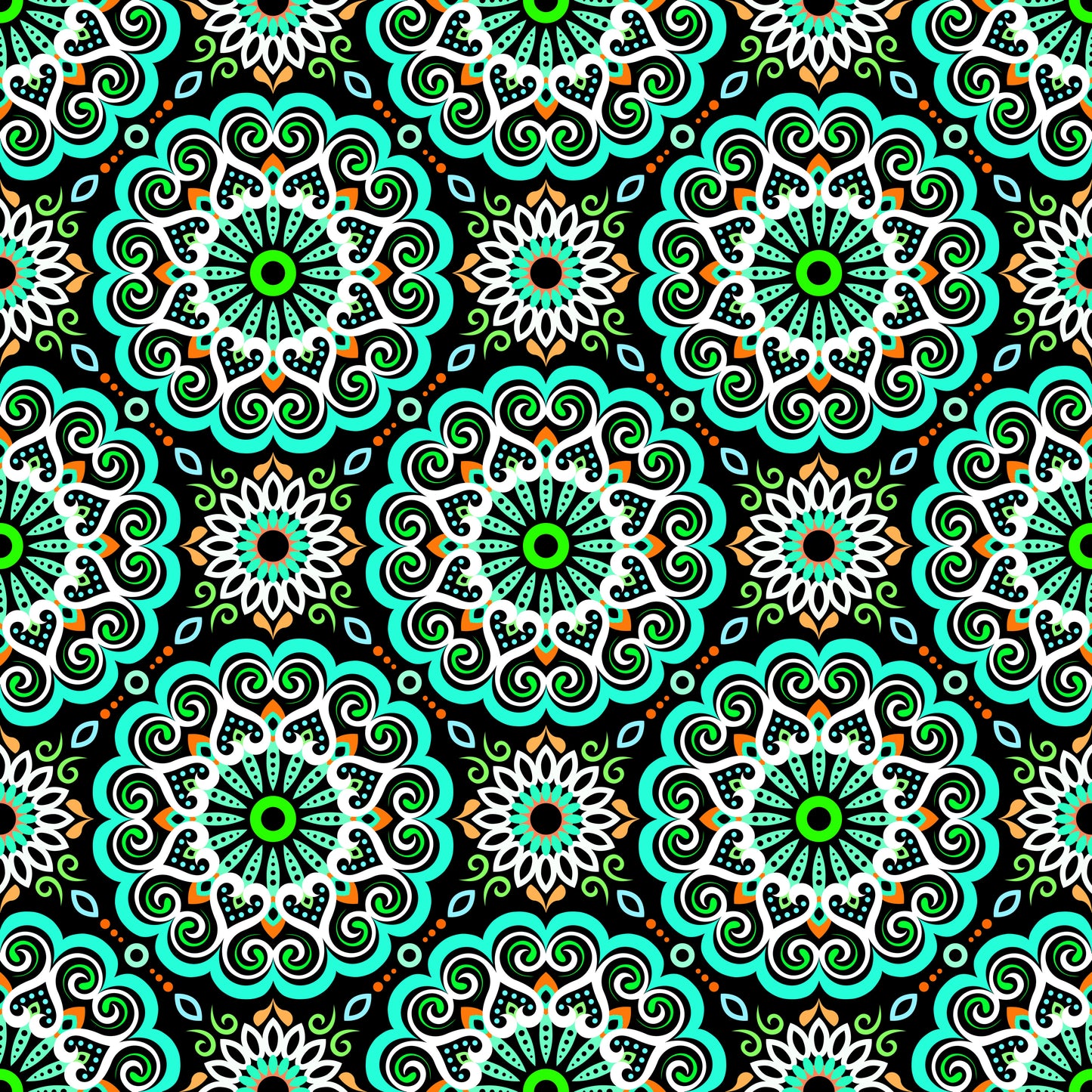 Turquoise - Orange - Green Mandala Fabric - 179