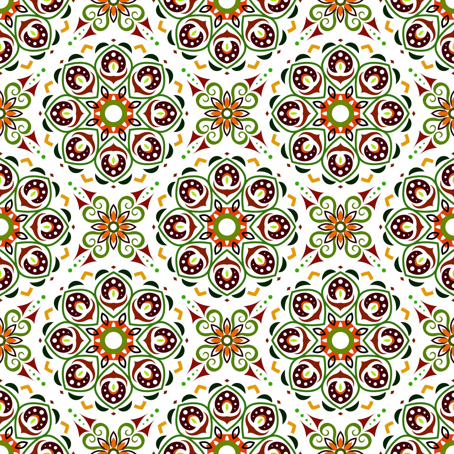 Green - Orange - Brown Mandala Fabric - 183i
