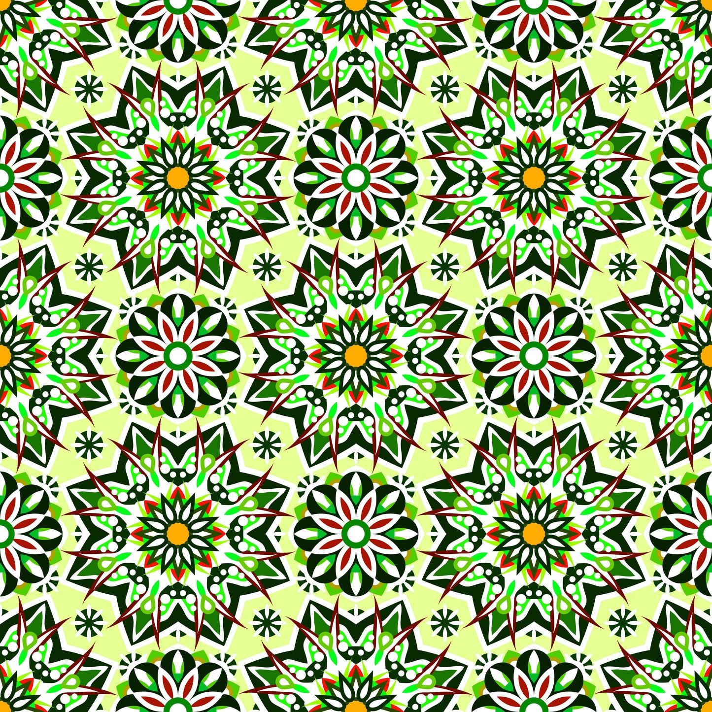 Green - Red - Yellow Mandala Fabric - 122i