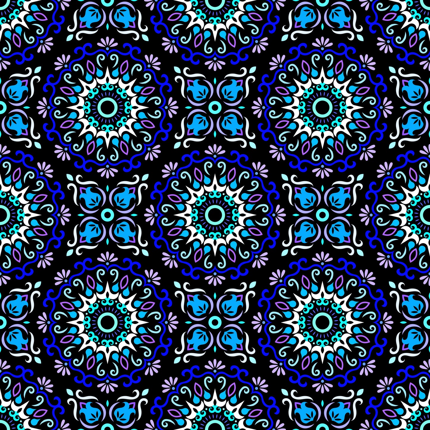 Blue - Purple - Turquoise Mandala Fabric - 174