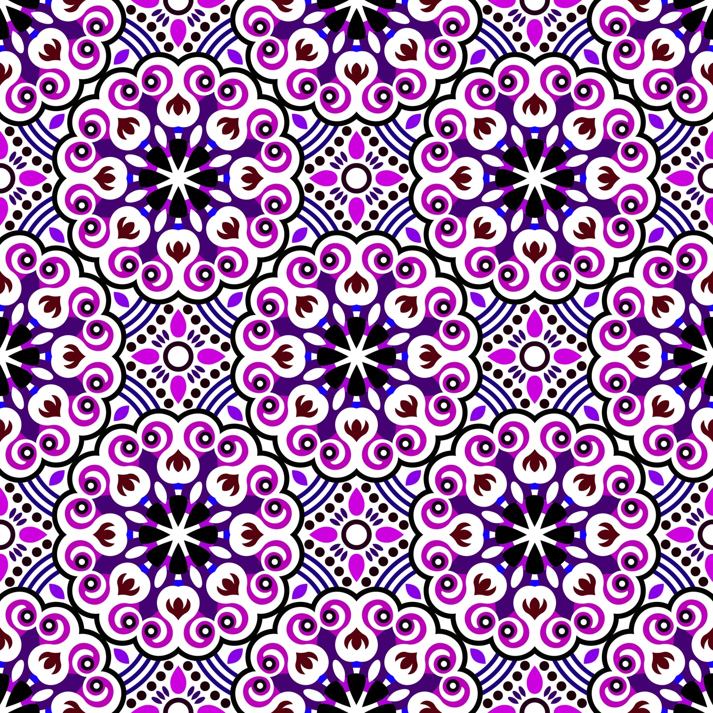 Purple - Blue - Burgundy Mandala Fabric - 132i
