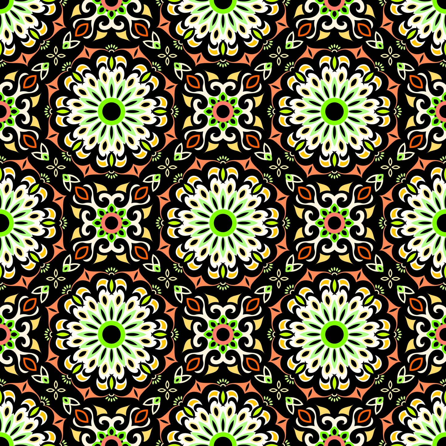 Orange - Green - Yellow Mandala Fabric - 198