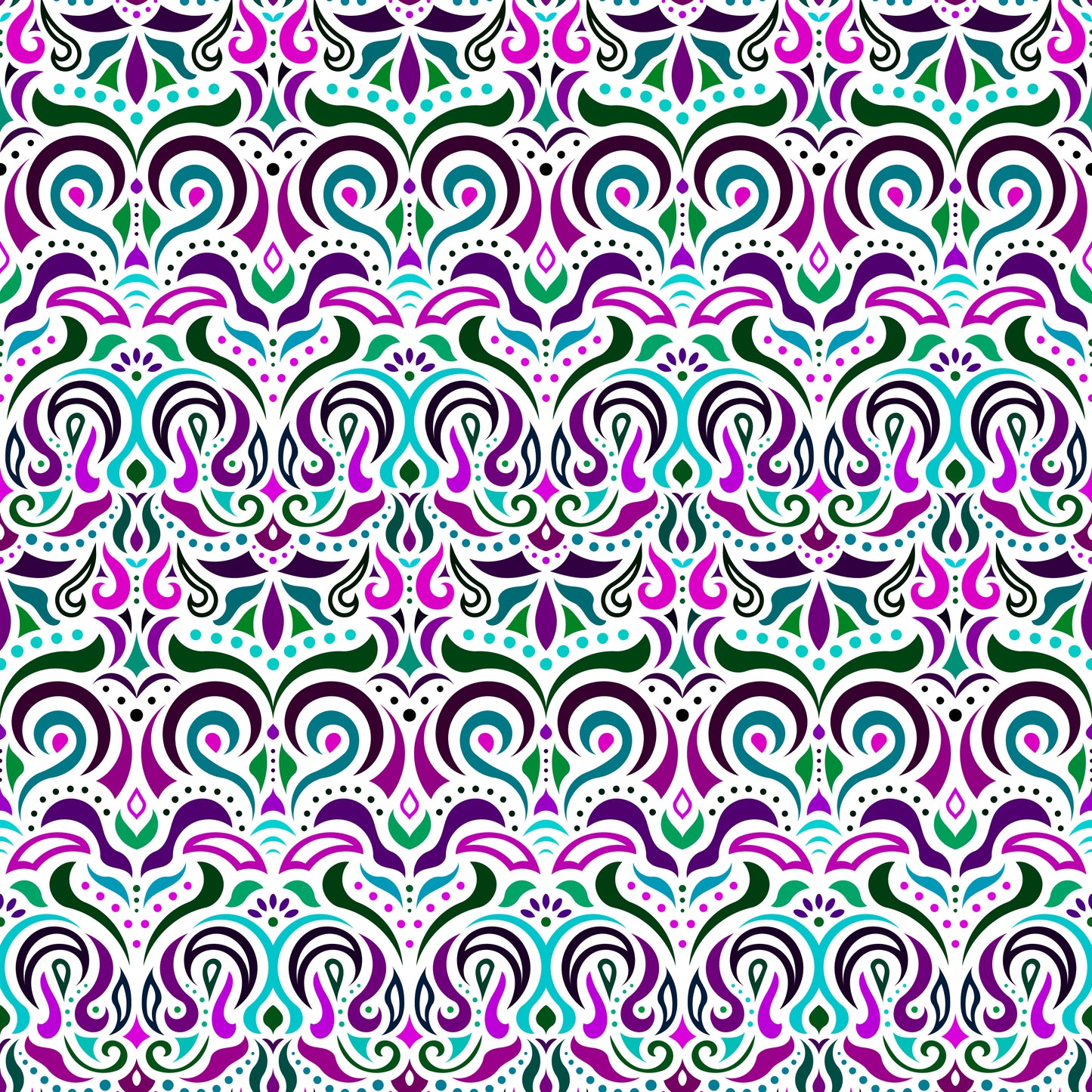 Turquoise - Purple - Green Abstract Doodle Fabric 1007i