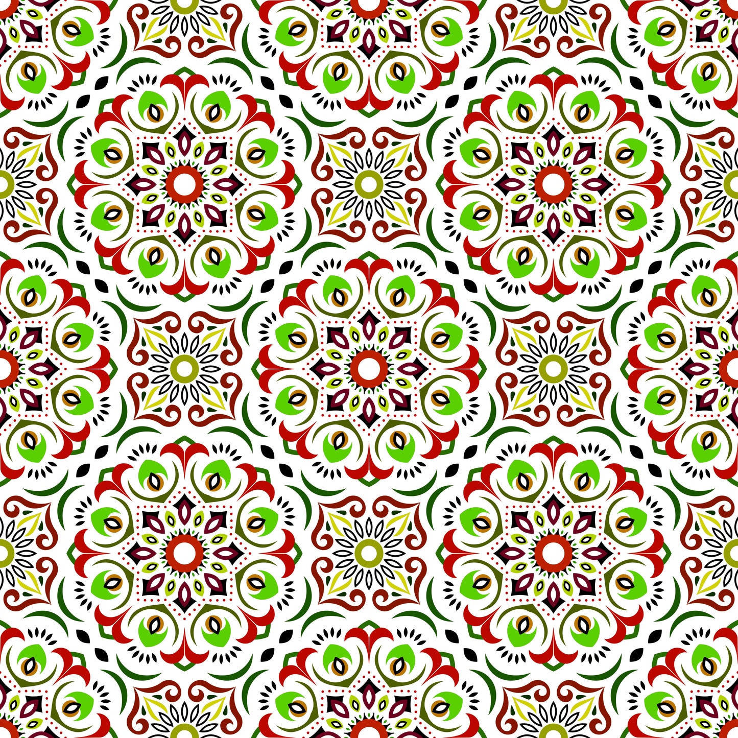 Red - Green Mandala Fabric - 209i
