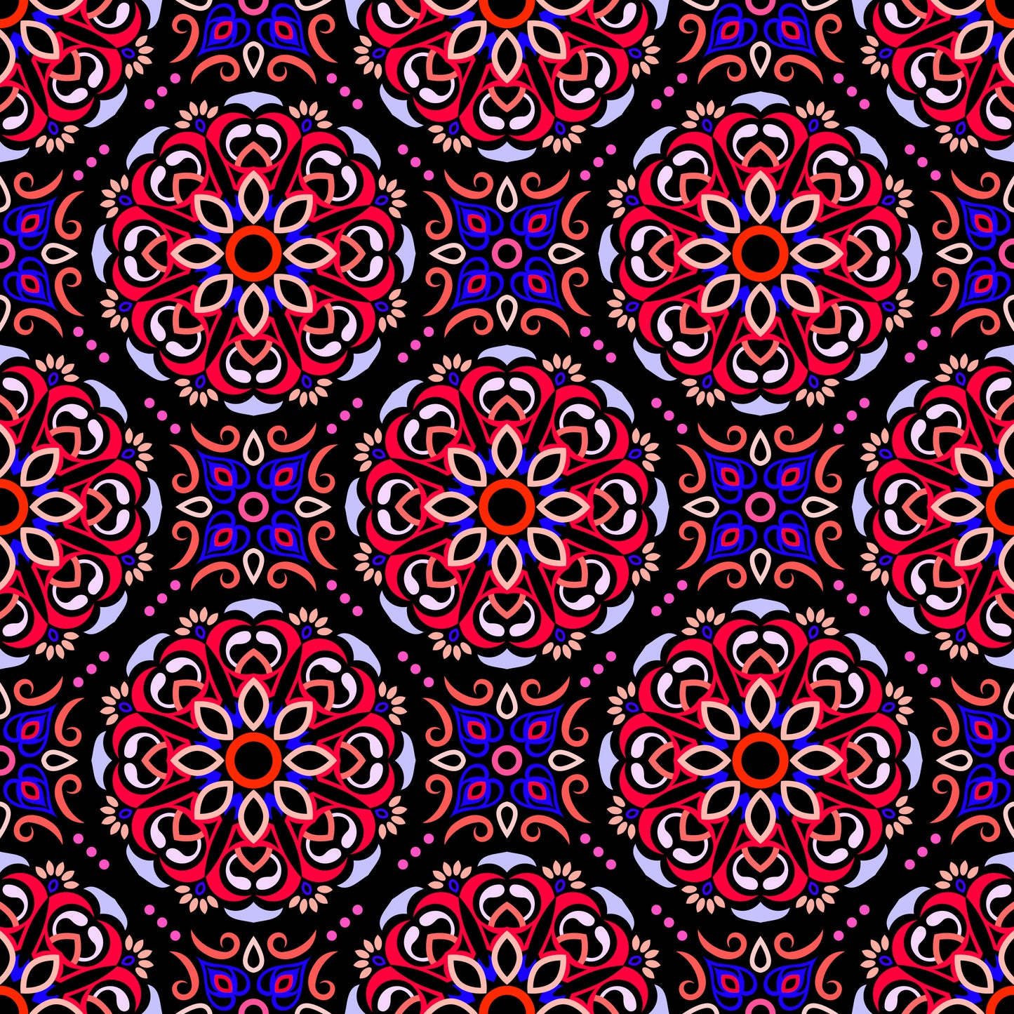 Red - Blue - Pink Mandala Fabric - 160