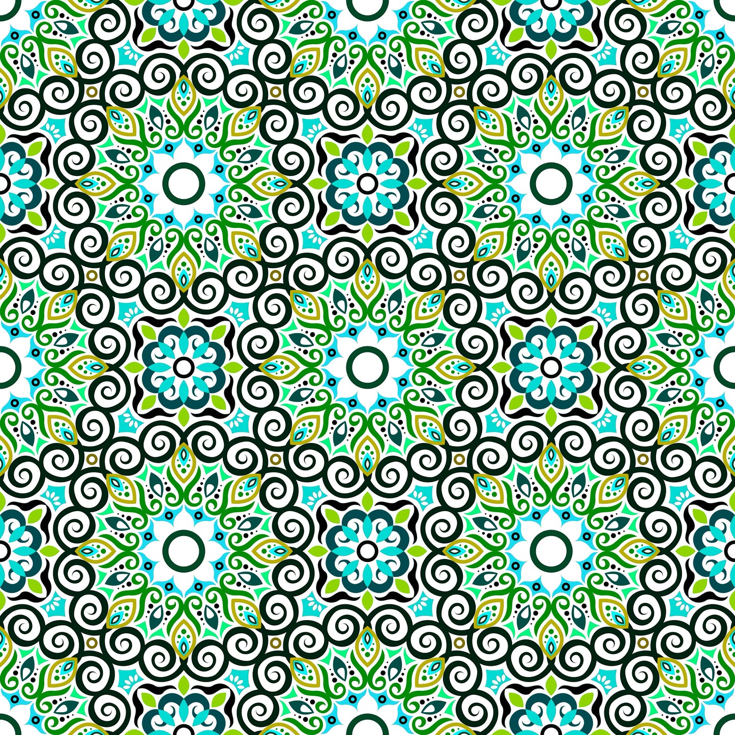 Green - Turquoise - Blue Mandala Fabric - 125i