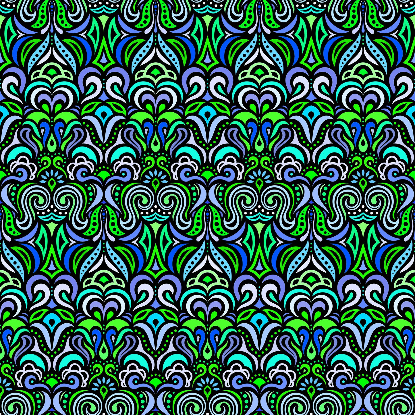 Blue - Green - Turquoise Abstract Doodle Fabric 1008.3