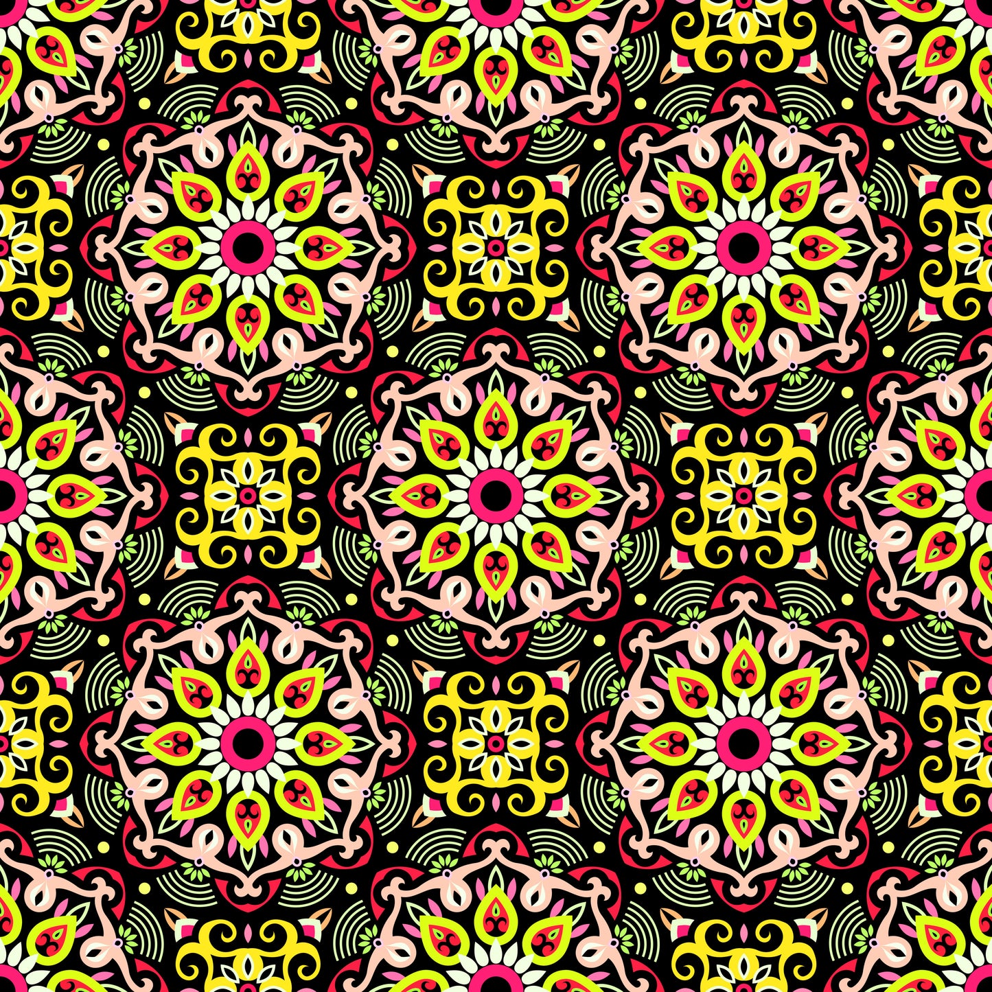 Yellow - Red - Green Mandala Fabric - 140