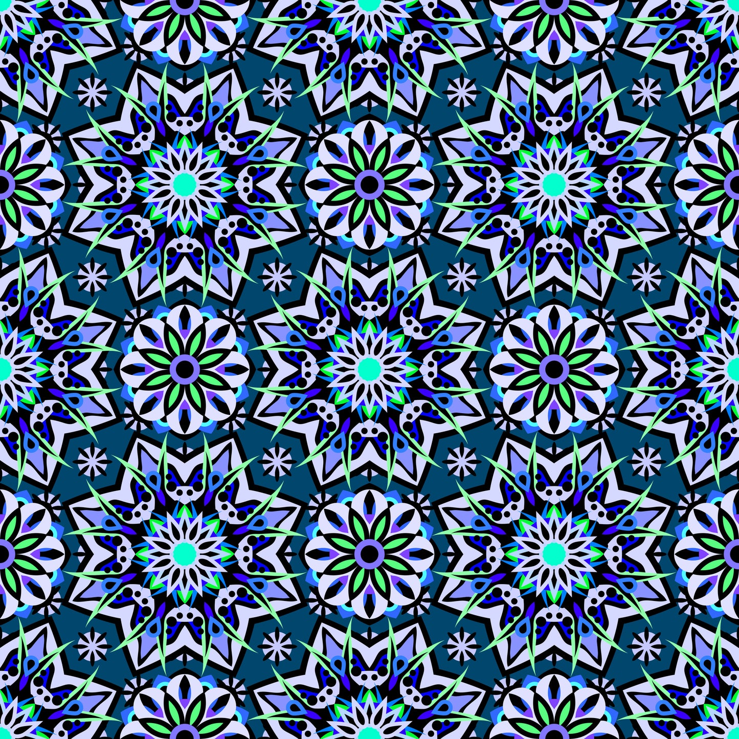 Blue - Green - Turquoise Mandala Fabric - 122