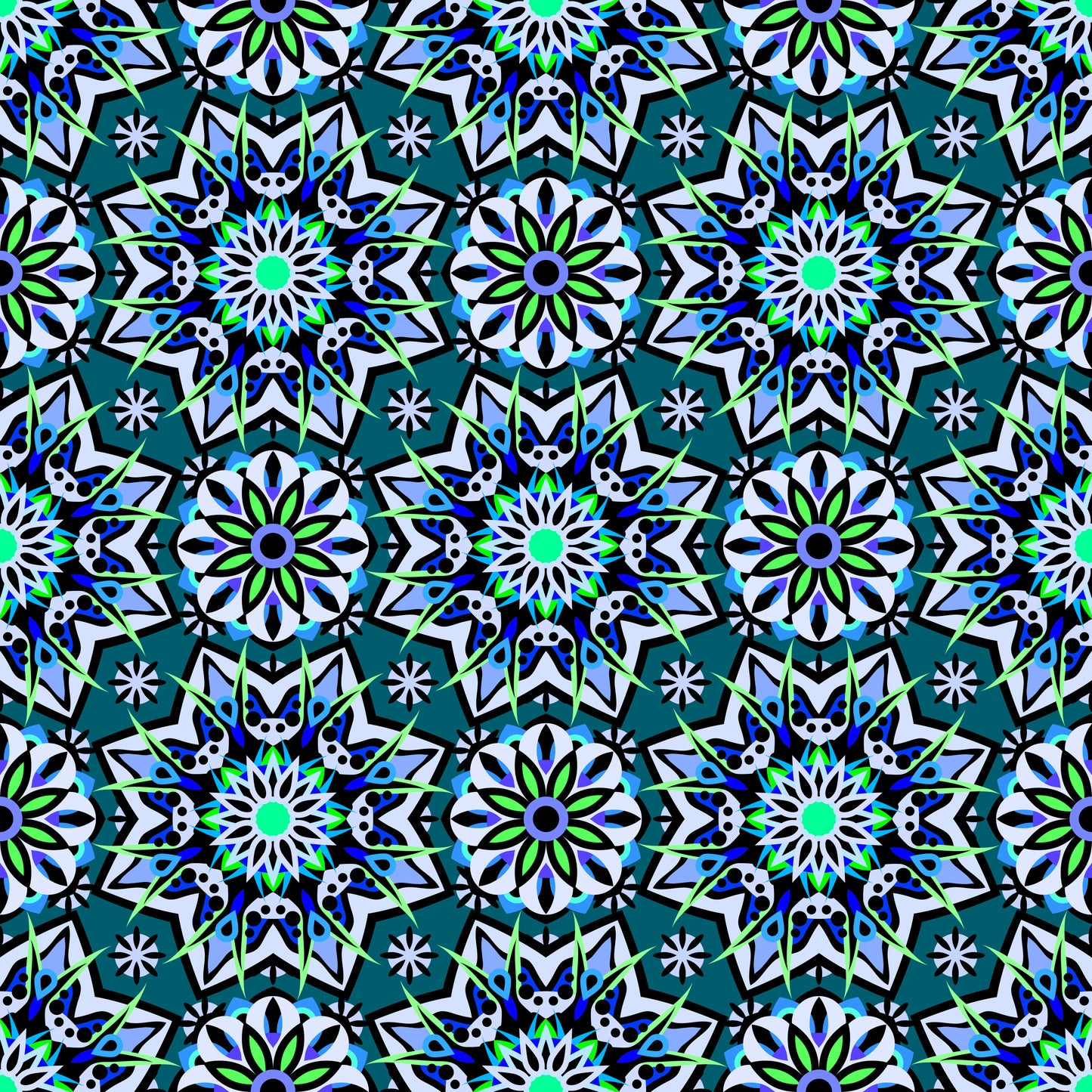 Blue - Green - Turquoise Mandala Fabric - 122