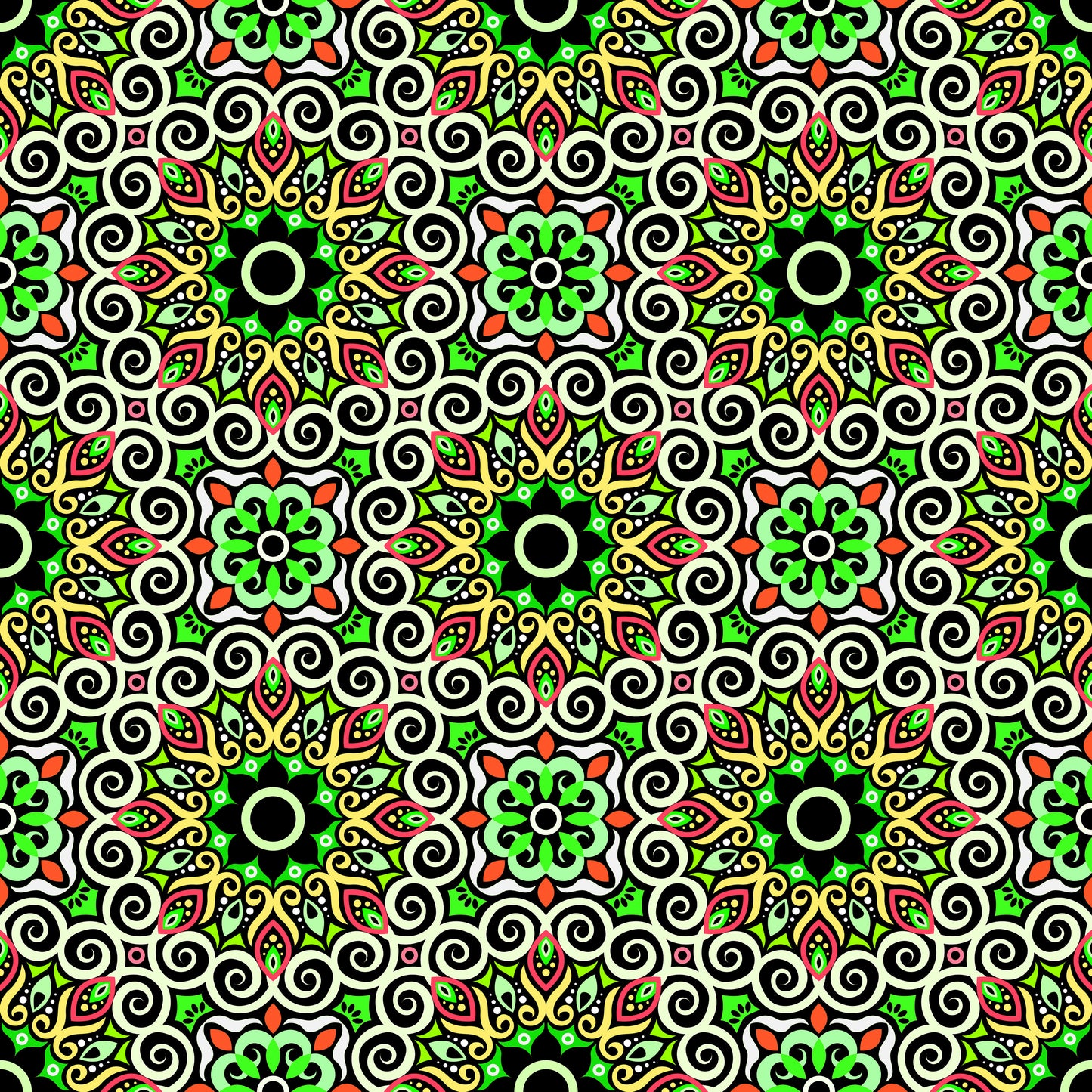 Green - Red - Yellow Mandala Fabric - 125