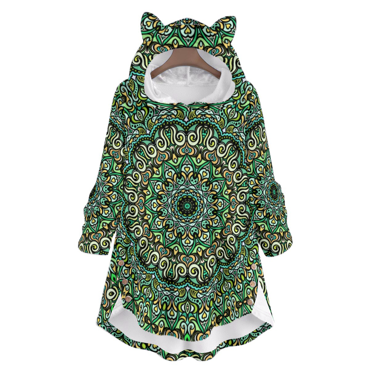 Green - Turquoise - Yellow Fuzzy Fleece Hoodie with Cat Ears