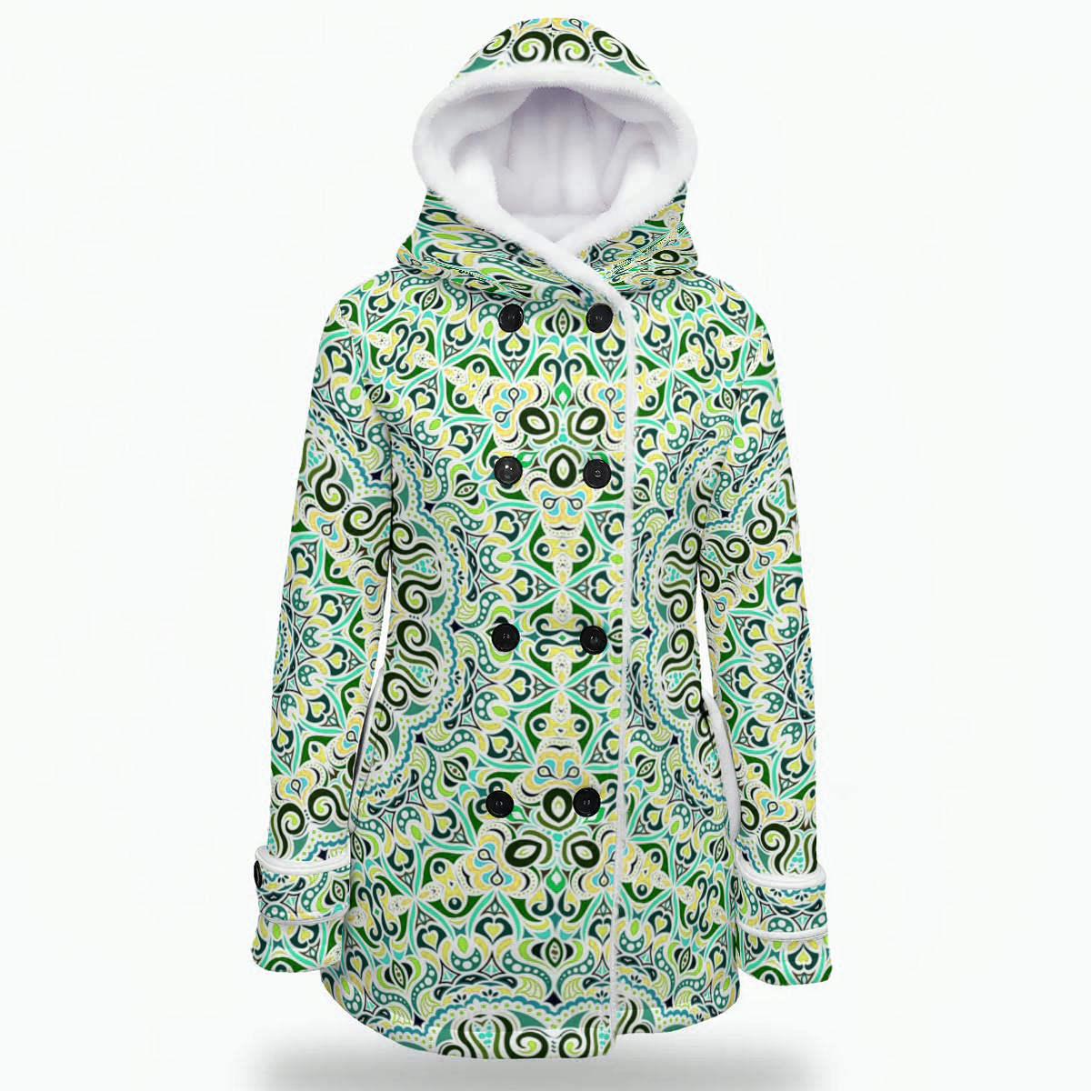 Green - Turquoise - Yellow Fuzzy Fleece Hooded Coat