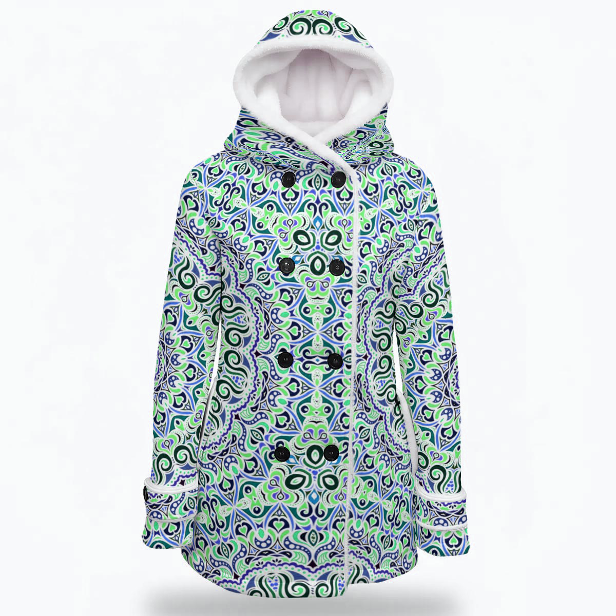 Green - Blue Fuzzy Fleece Hooded Coat